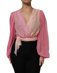 Dolce & Gabbana Pinke Bluse mit tiefem V-Ausschnitt und langen Ärmeln