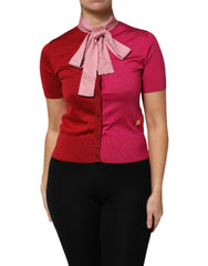 Dolce & Gabbana Roze Top met Korte Mouwen en Ascotkraag met Knopen