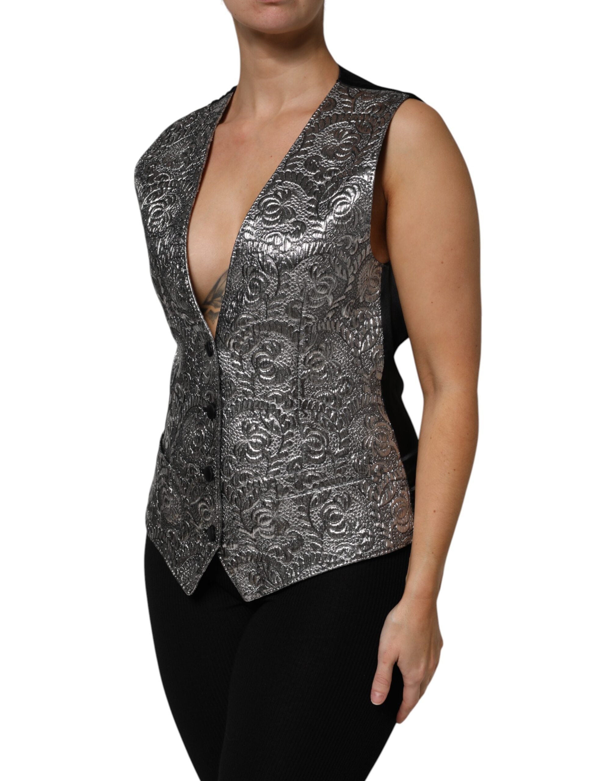 Dolce & Gabbana Ärmellose Weste aus silbernem Blumenjacquard