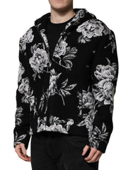 Dolce & Gabbana Zwarte Wollen Herenjas Met Bloemprint En Capuchon