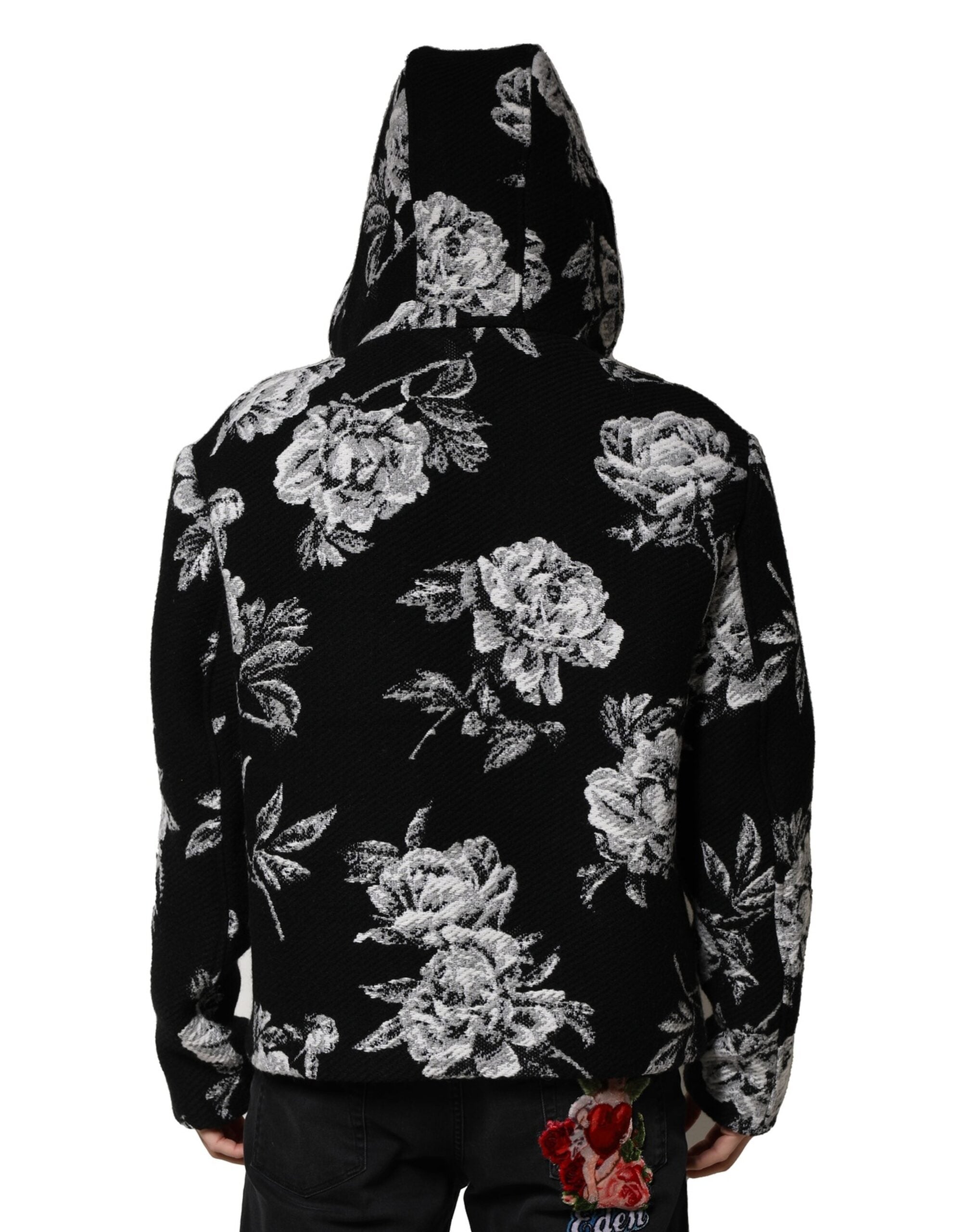 Dolce & Gabbana Zwarte Wollen Herenjas Met Bloemprint En Capuchon