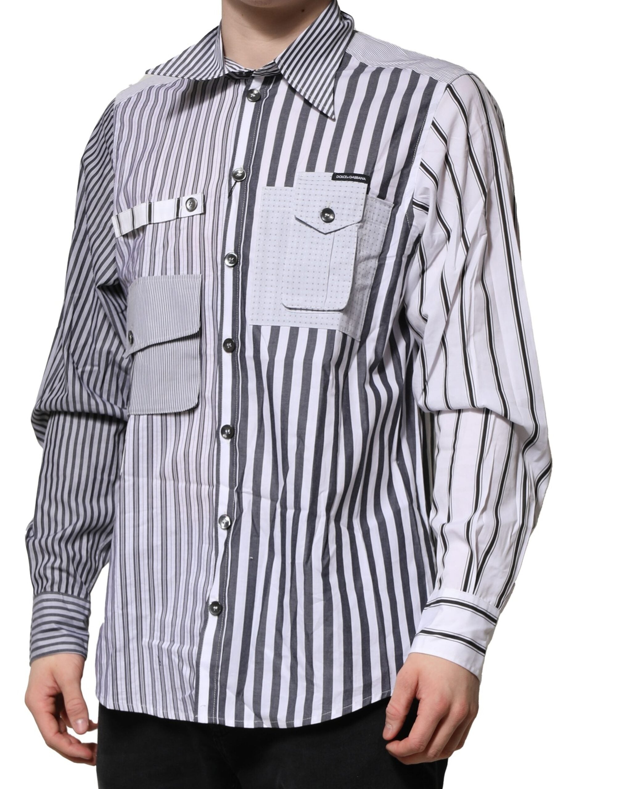 Dolce & Gabbana Weiß Grau Gestreiftes Baumwoll Herren Freizeithemd