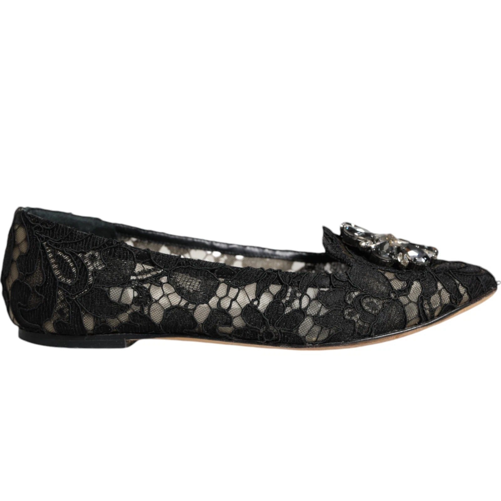 Dolce & Gabbana Schwarze Spitzen-Kristall-Ballerinas Loafer-Schuhe