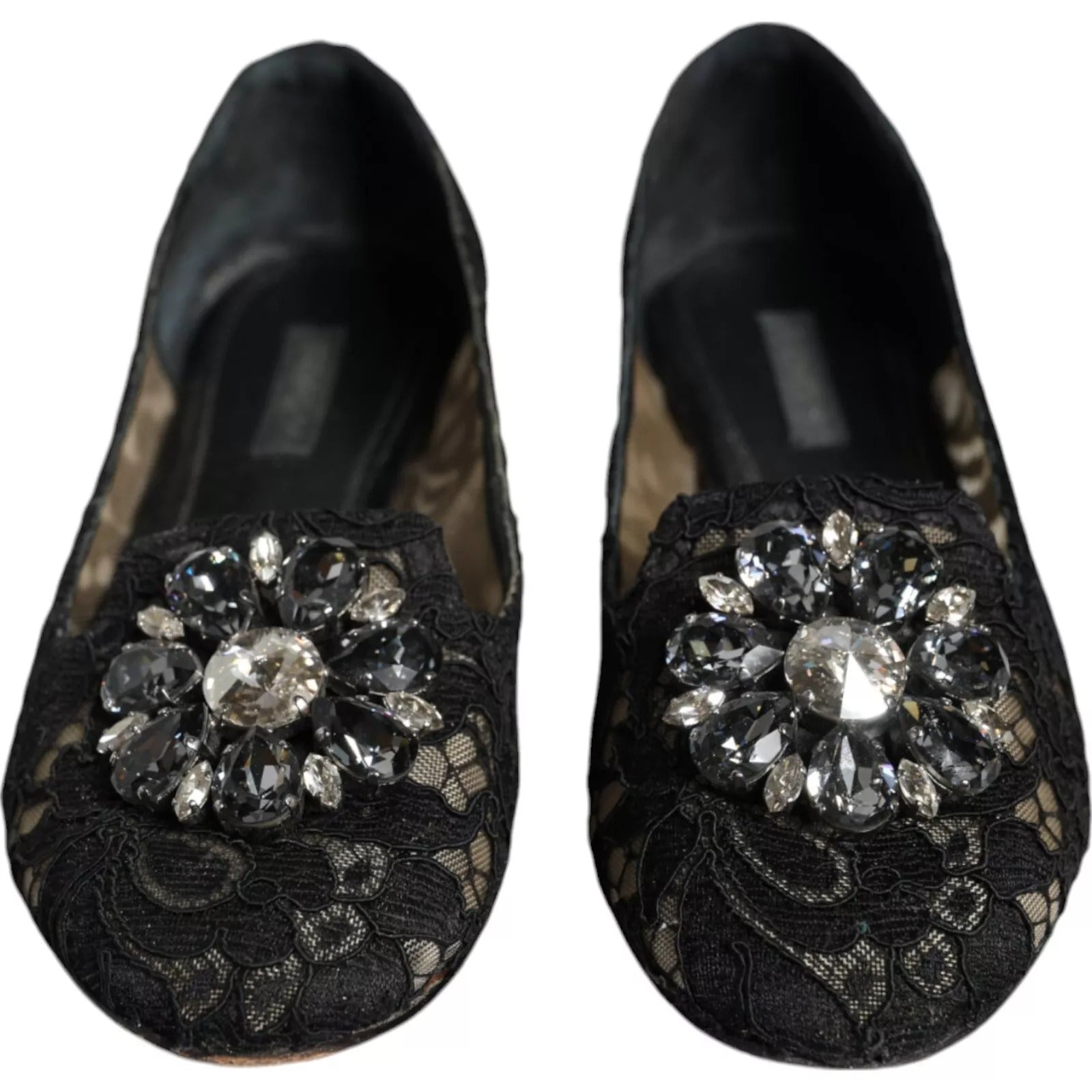 Dolce & Gabbana Schwarze Spitzen-Kristall-Ballerinas Loafer-Schuhe