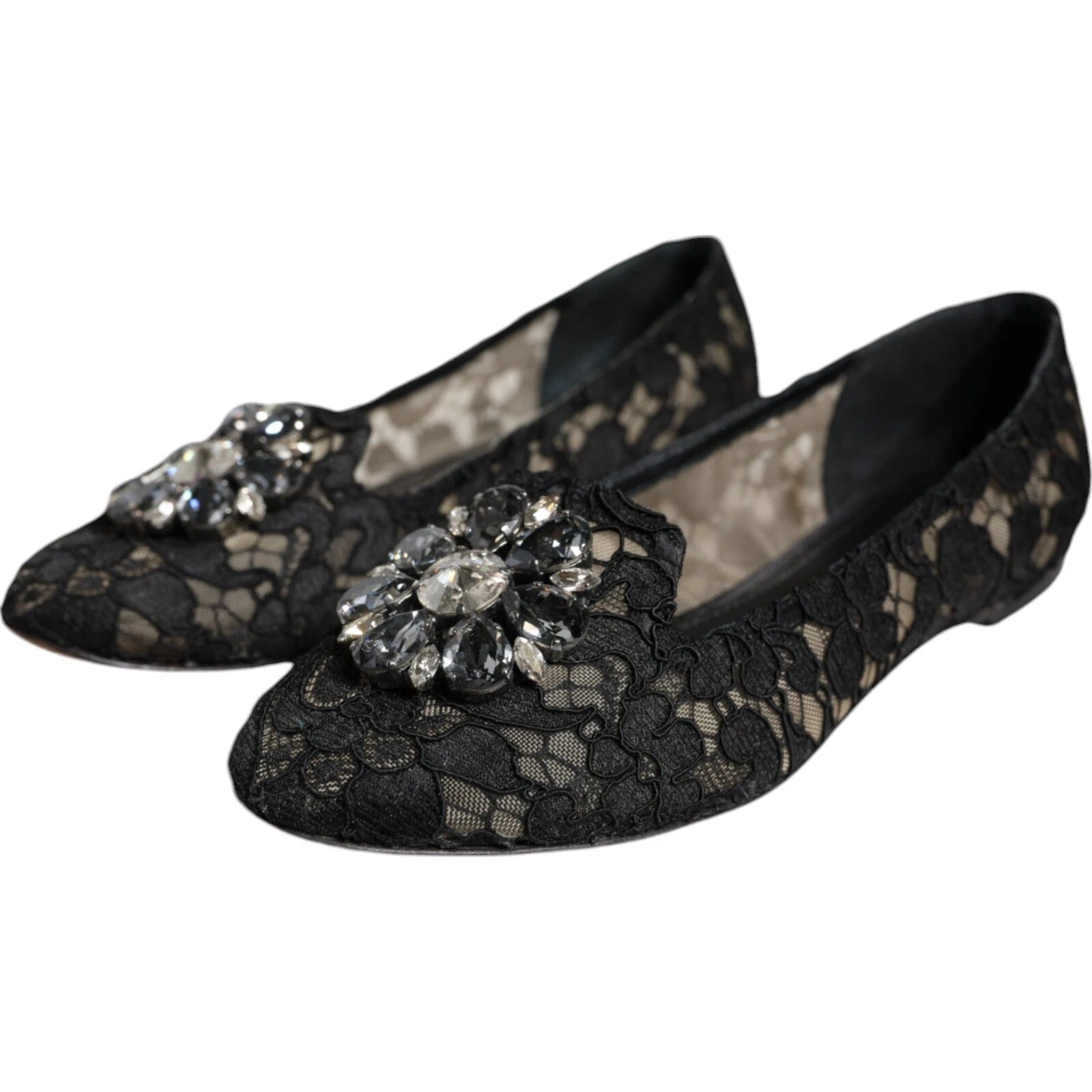 Dolce & Gabbana Schwarze Spitzen-Kristall-Ballerinas Loafer-Schuhe