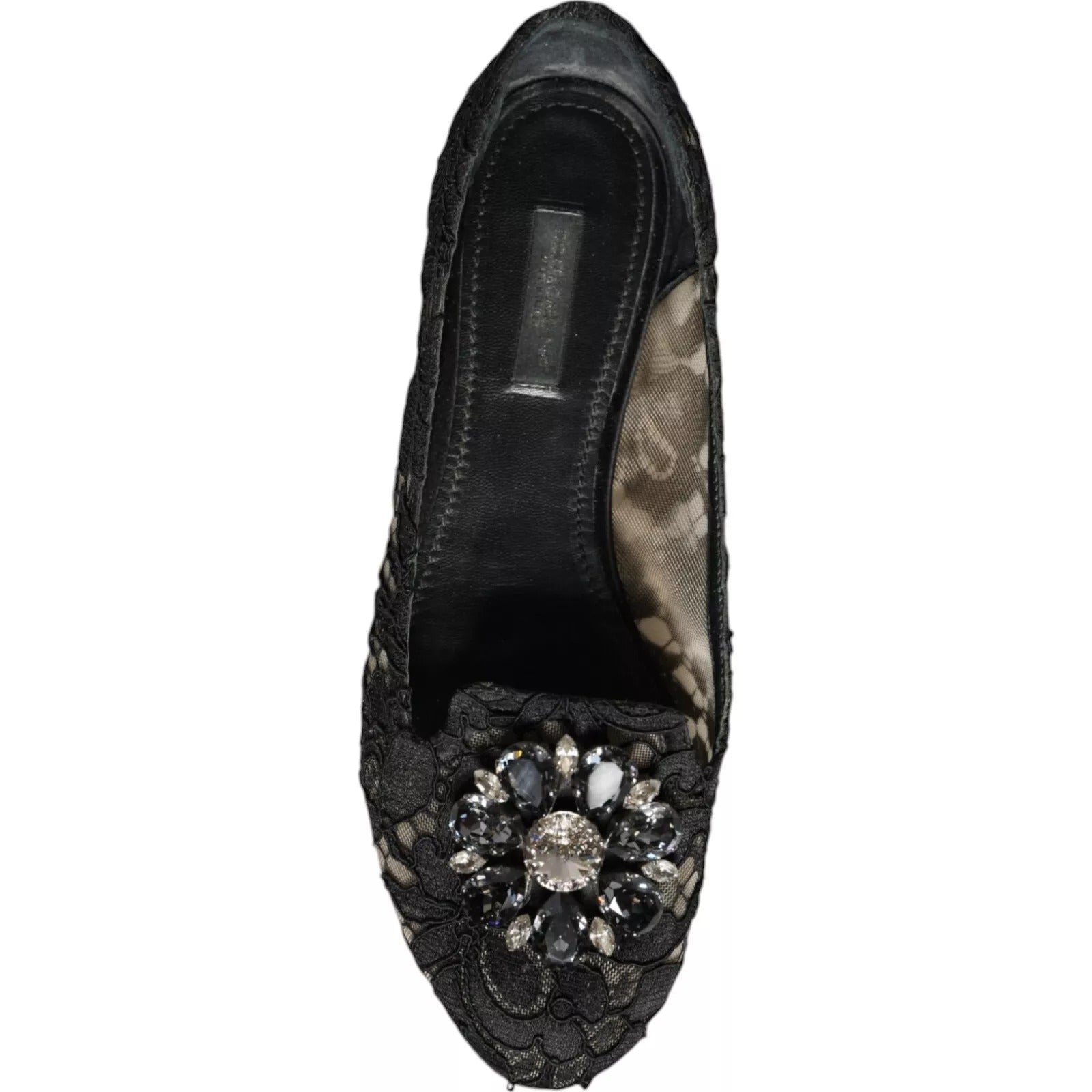 Dolce & Gabbana Schwarze Spitzen-Kristall-Ballerinas Loafer-Schuhe