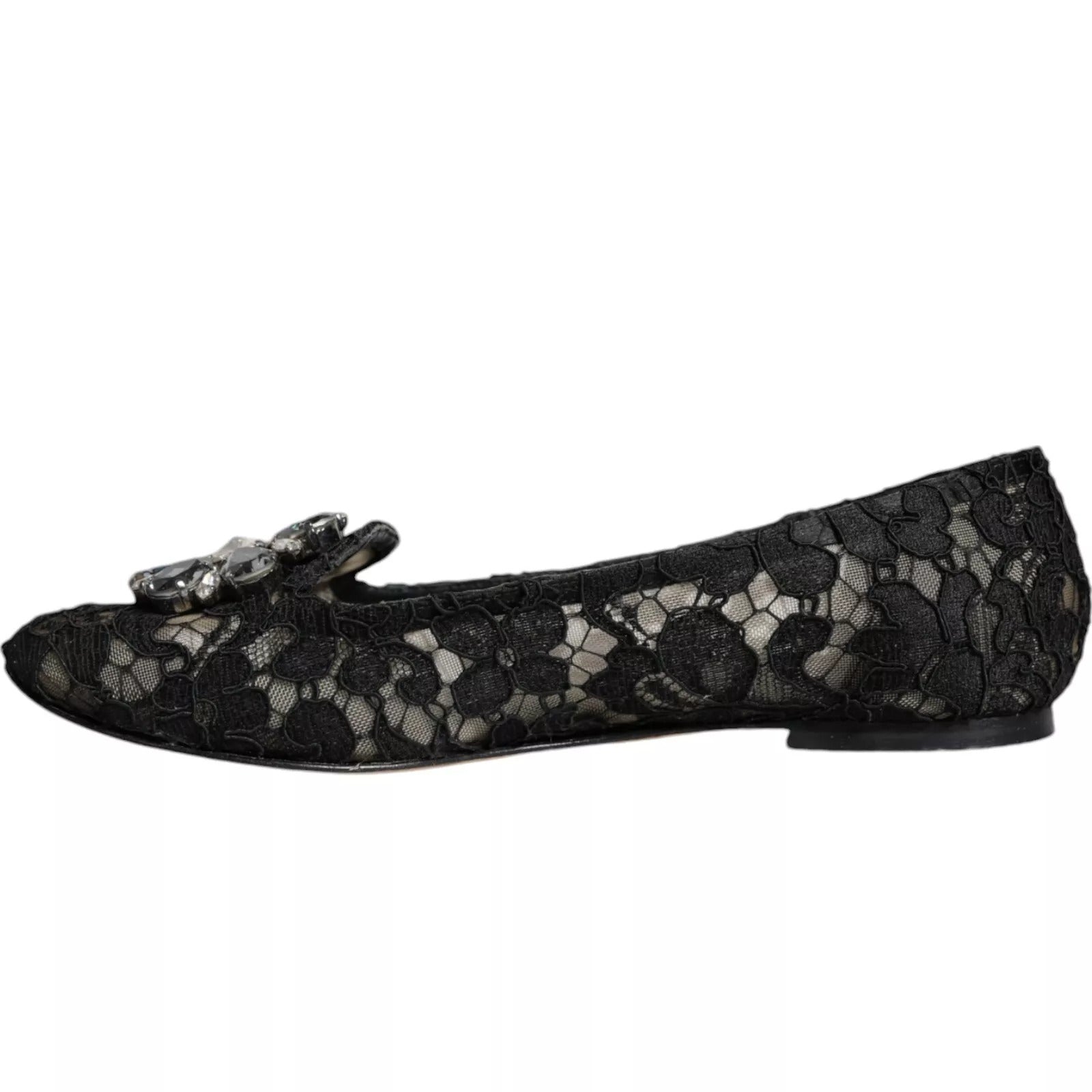 Dolce & Gabbana Schwarze Spitzen-Kristall-Ballerinas Loafer-Schuhe