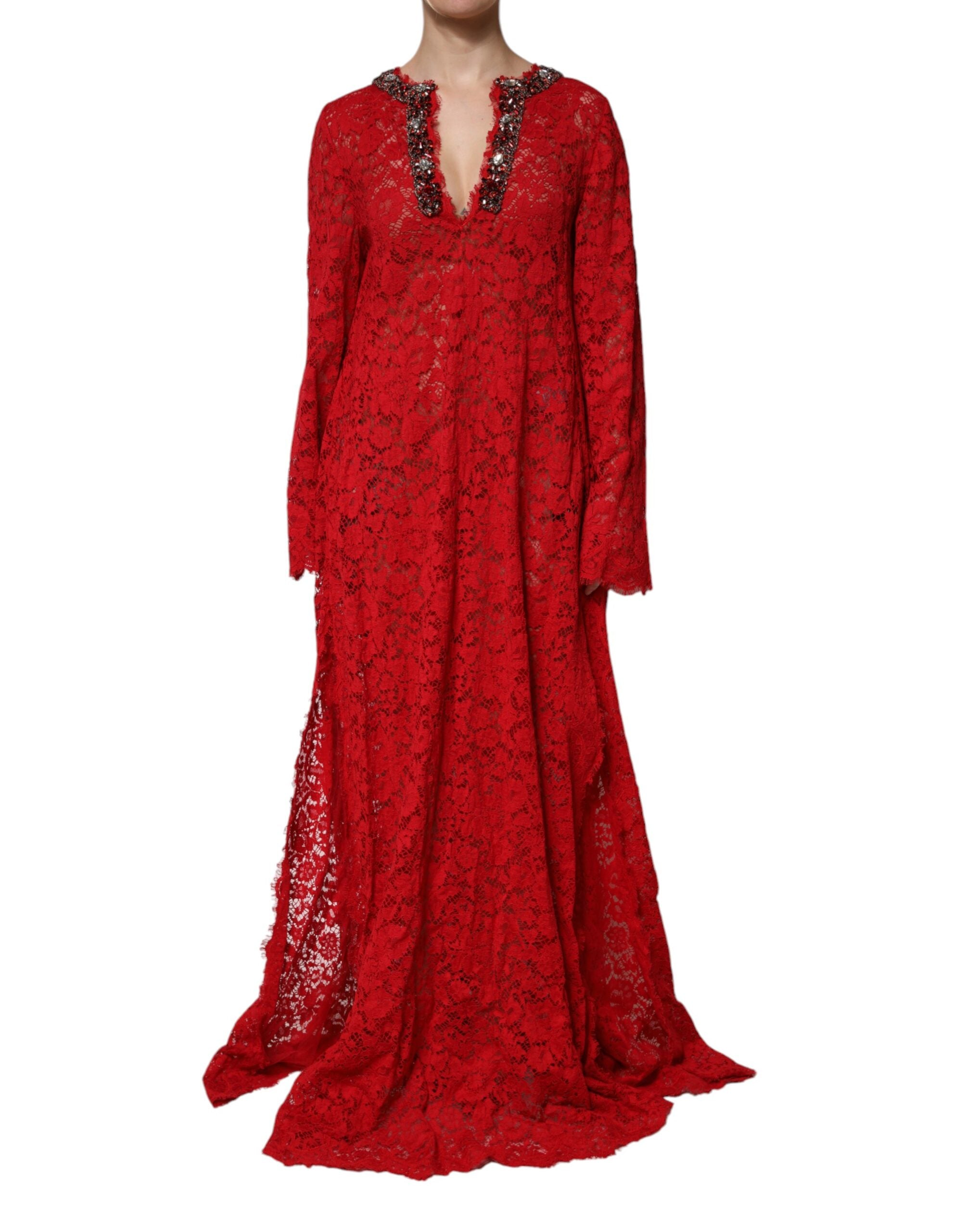 Dolce & Gabbana rotes florales Spitzenkleid mit Strasssteinen
