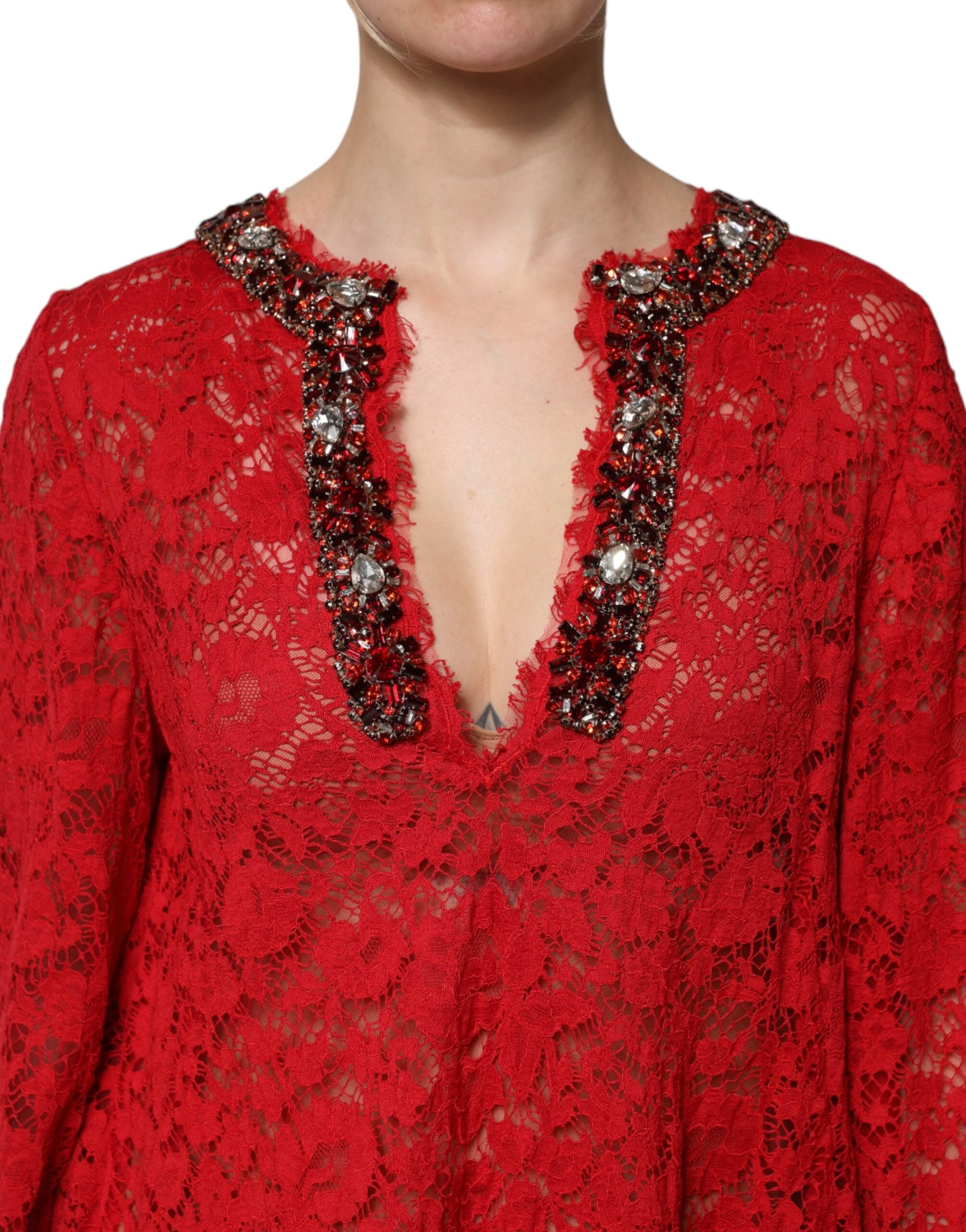 Dolce & Gabbana rotes florales Spitzenkleid mit Strasssteinen