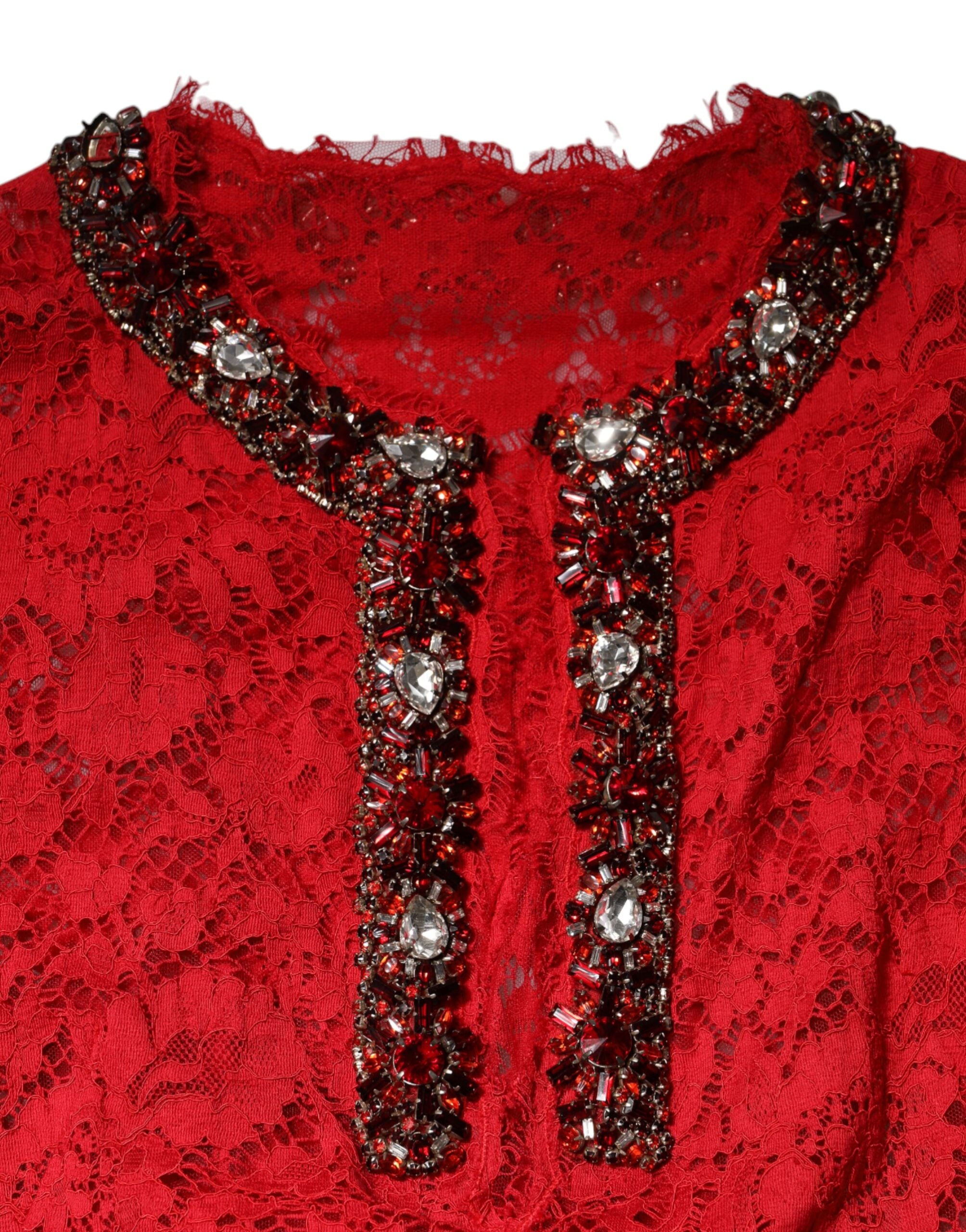 Dolce & Gabbana rotes florales Spitzenkleid mit Strasssteinen