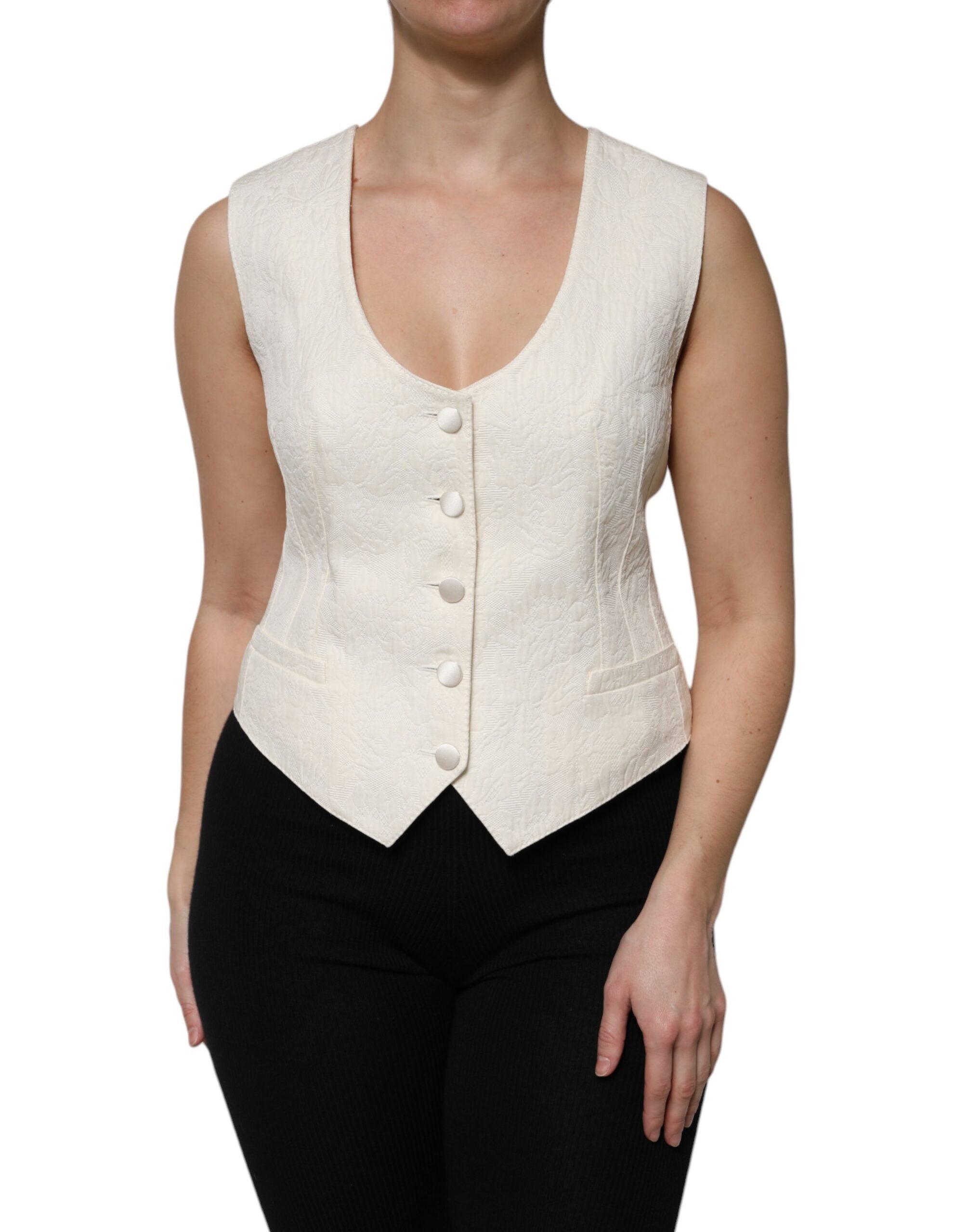 Dolce & Gabbana Ivoor Katoenen Knoopsluiting Mouwloze Gilet Top
