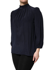Dolce & Gabbana Blauwe Zijden Blouse Top Met Col En Lange Mouwen