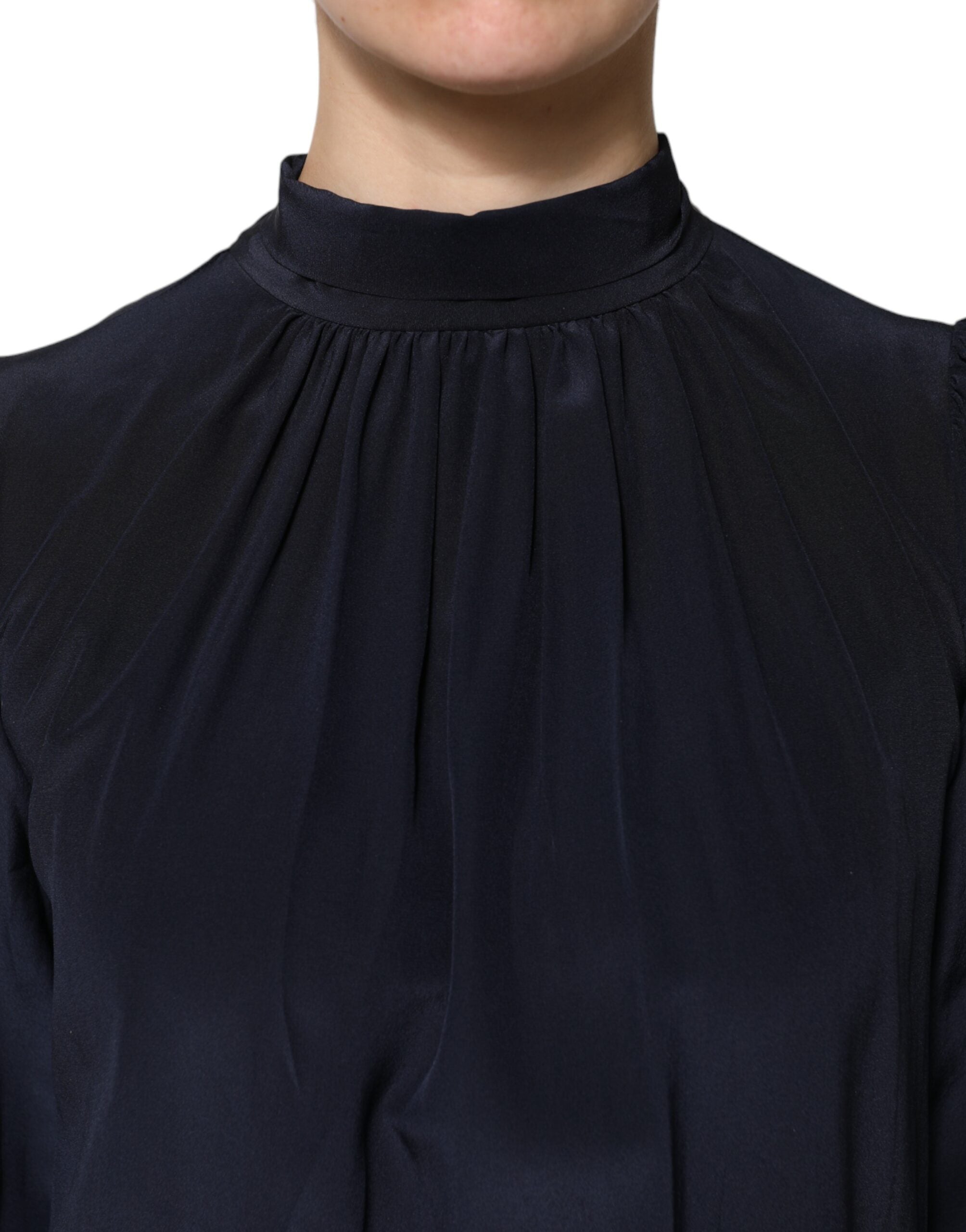 Dolce & Gabbana Blauwe Zijden Blouse Top Met Col En Lange Mouwen