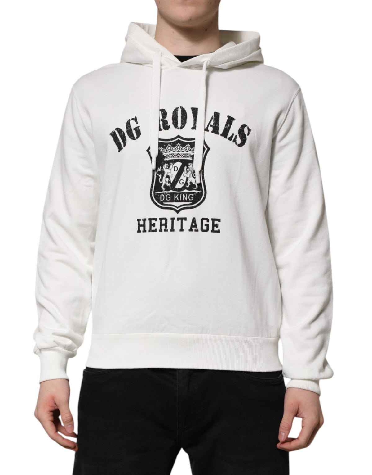 Dolce & Gabbana Weißer Kapuzenpullover aus Baumwolle mit DG ROYAL Print