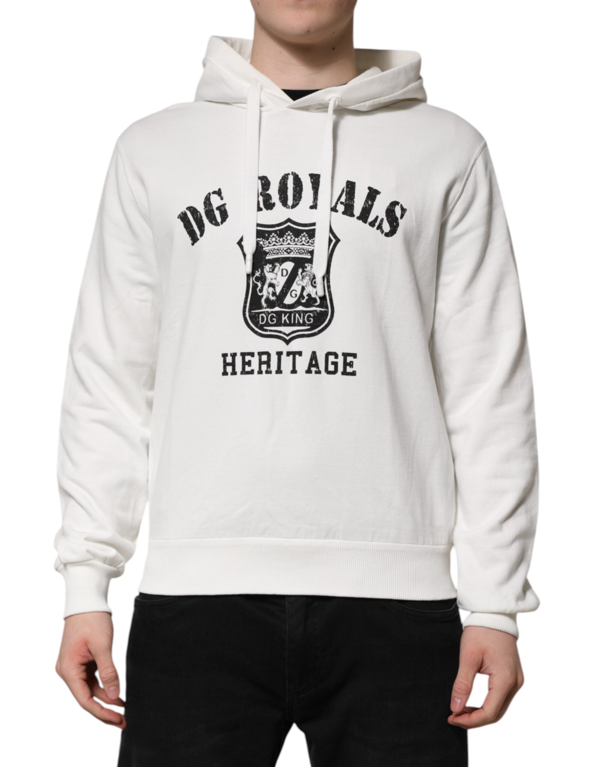 Dolce & Gabbana Weißer Kapuzenpullover aus Baumwolle mit DG ROYAL Print