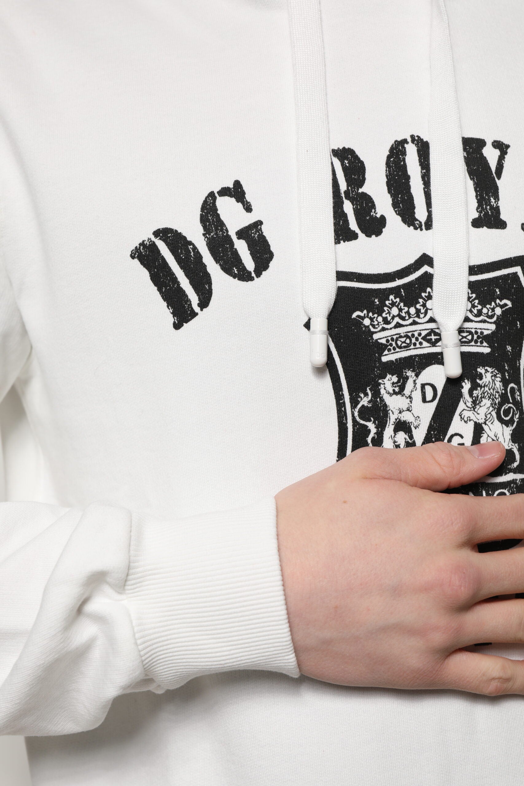 Dolce & Gabbana Weißer Kapuzenpullover aus Baumwolle mit DG ROYAL Print