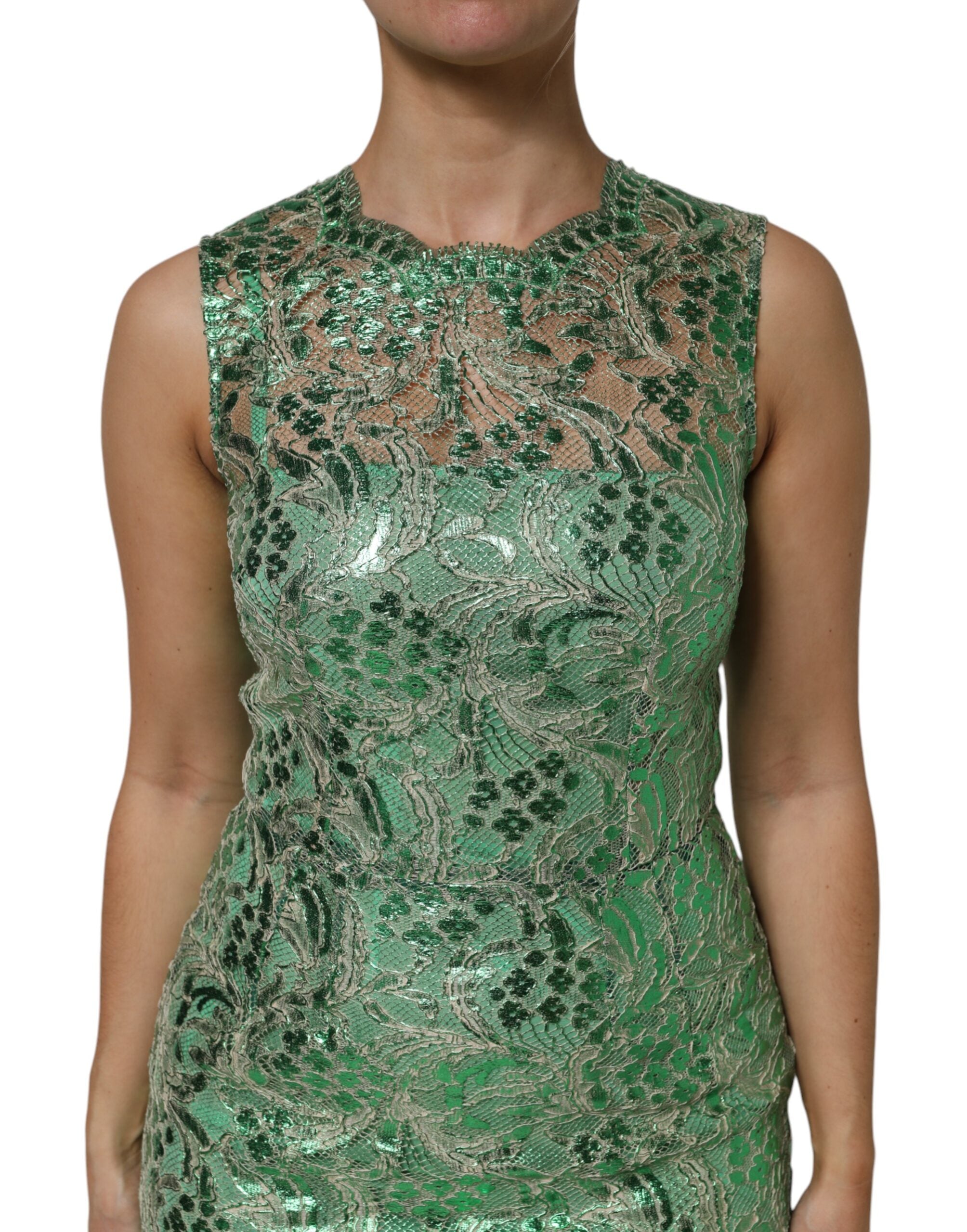 Dolce & Gabbana Grünes Baumwollkleid mit Blumenmuster aus Spitze