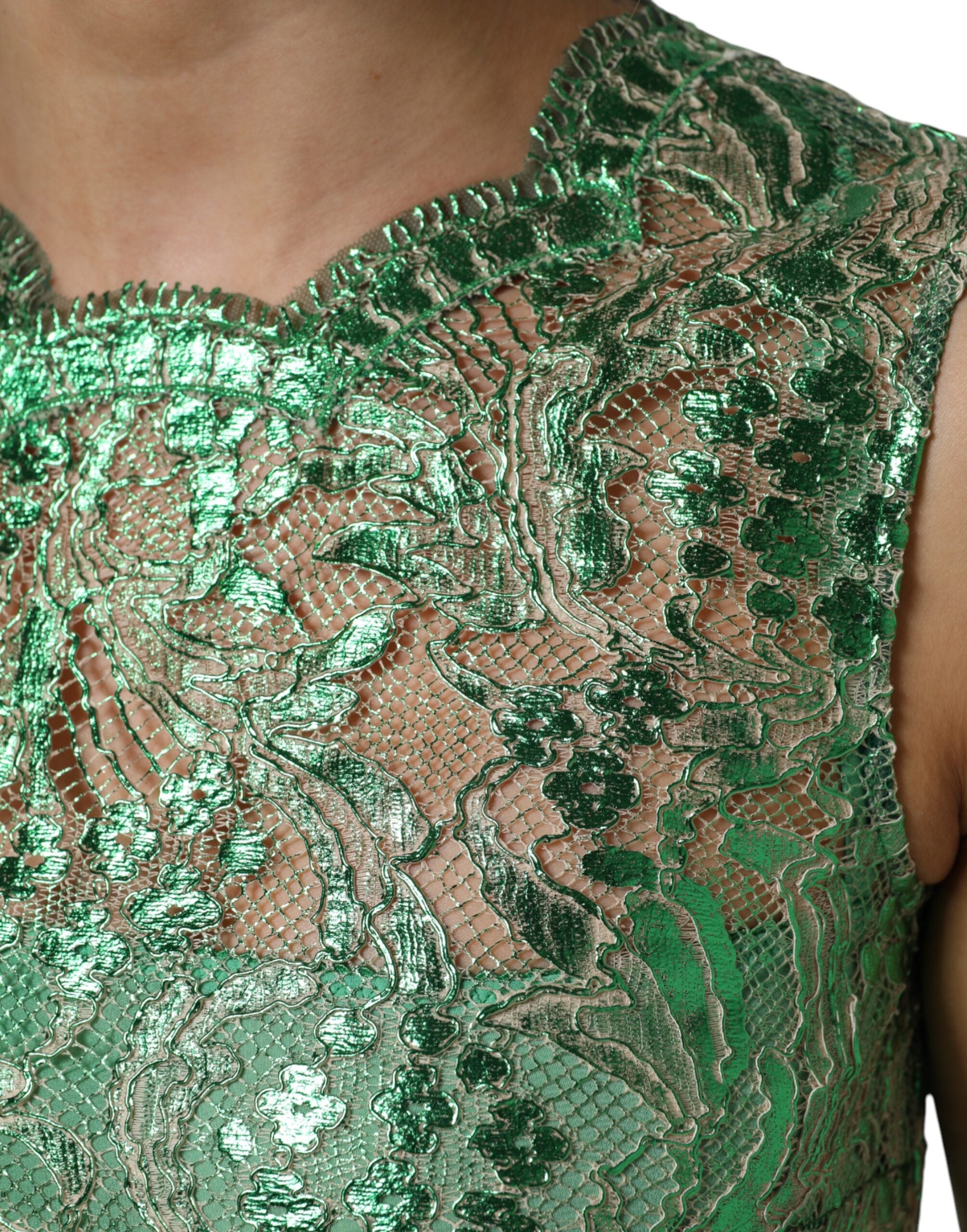 Dolce & Gabbana Grünes Baumwollkleid mit Blumenmuster aus Spitze