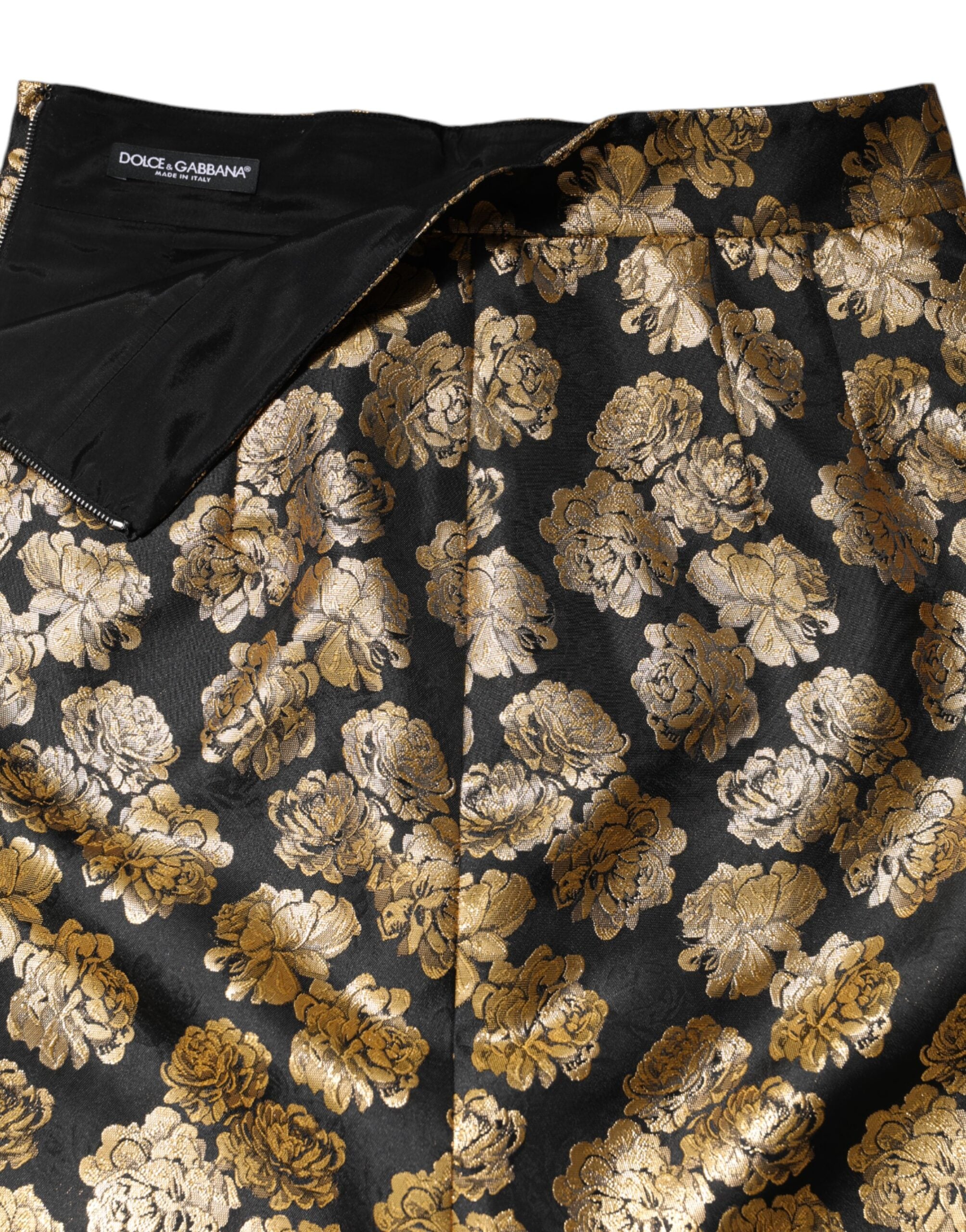 Dolce & Gabbana Schwarzer Minirock aus Jacquard mit Blumenprint in Gold