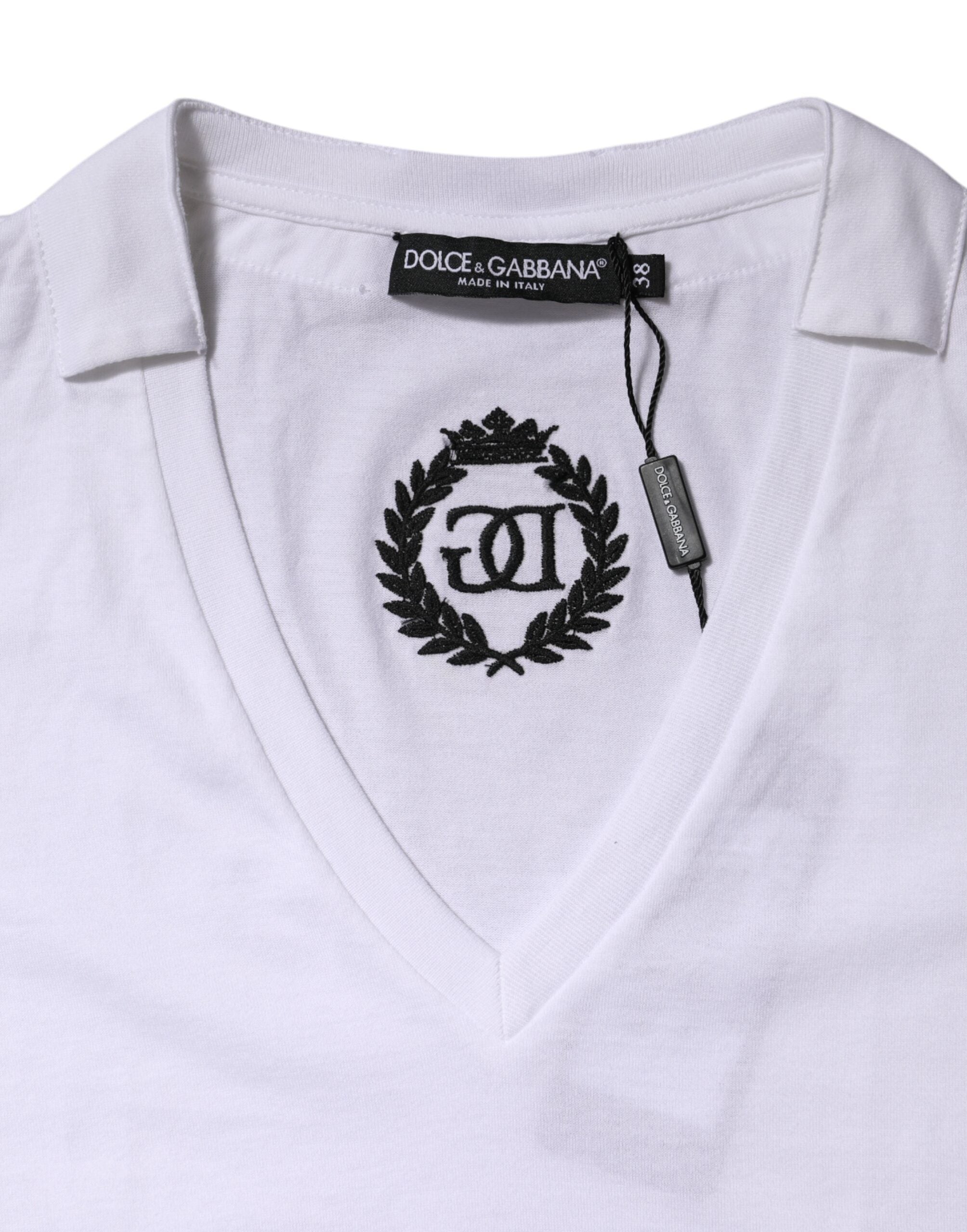 Dolce & Gabbana Weißes Baumwoll Kurzarm V-Ausschnitt Top T-Shirt