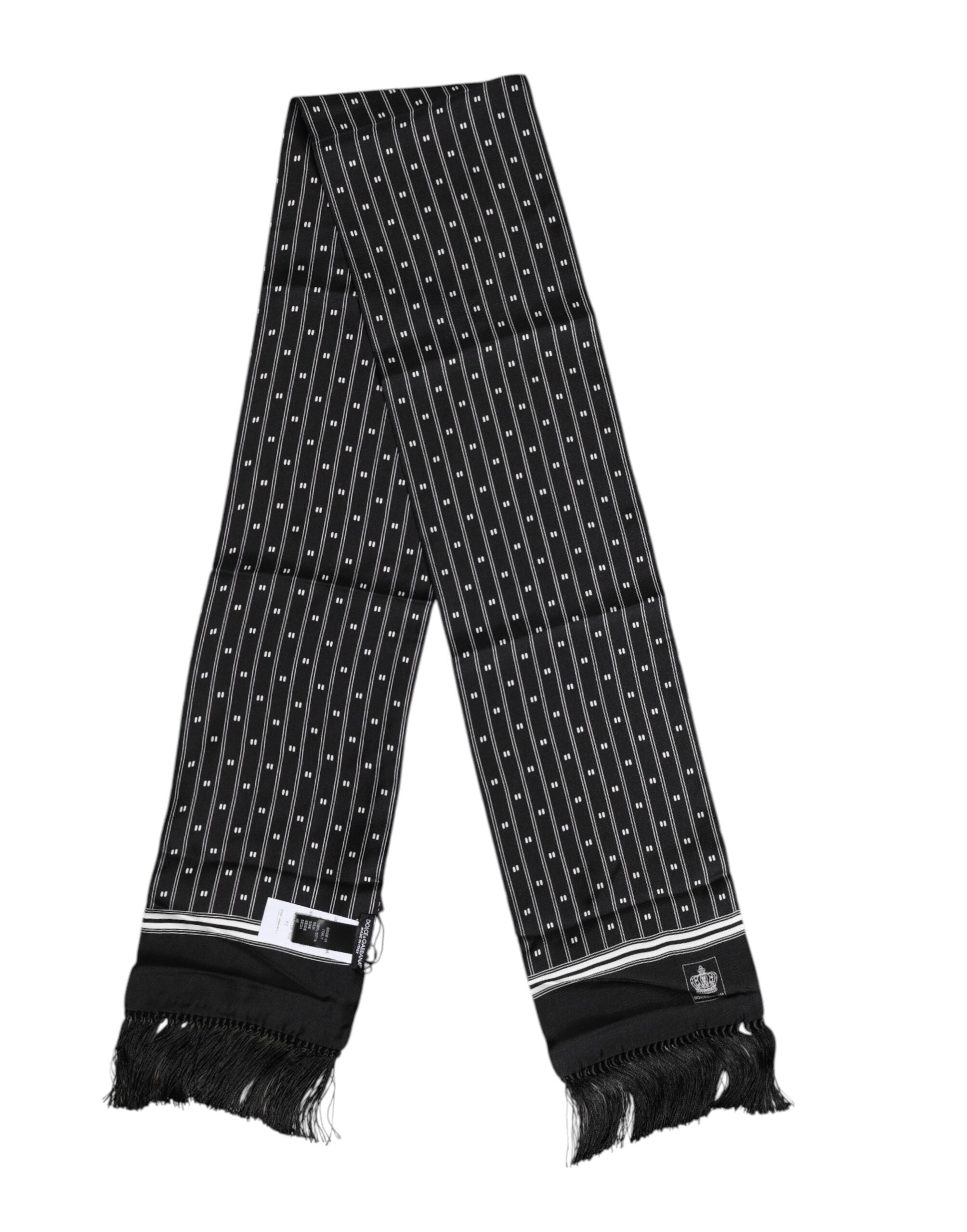 Dolce & Gabbana Black Silk Printed Fringes Men Foulard Scarf
