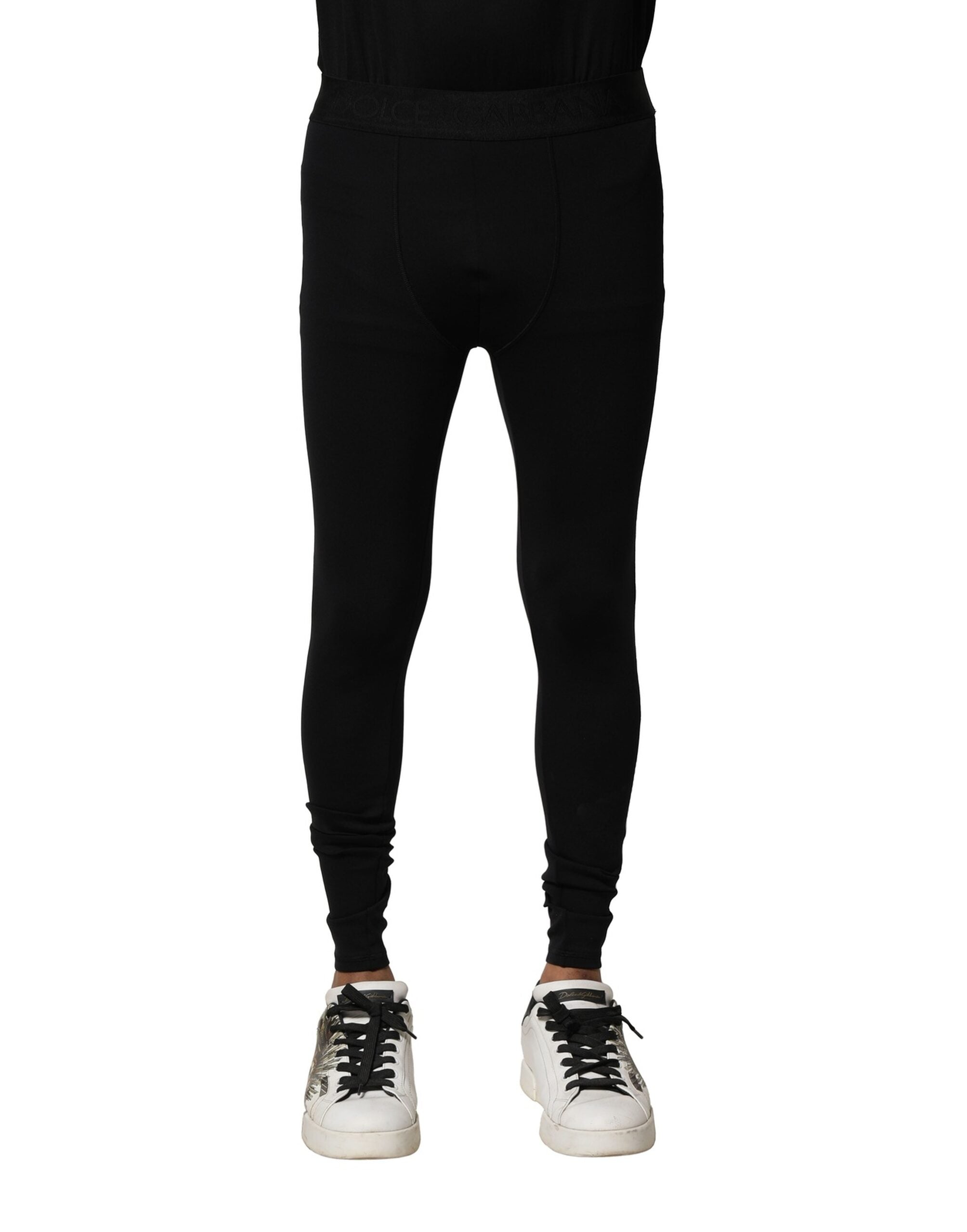 Dolce & Gabbana Schwarze Nylon Elastische Logo Herren Leggings Hose