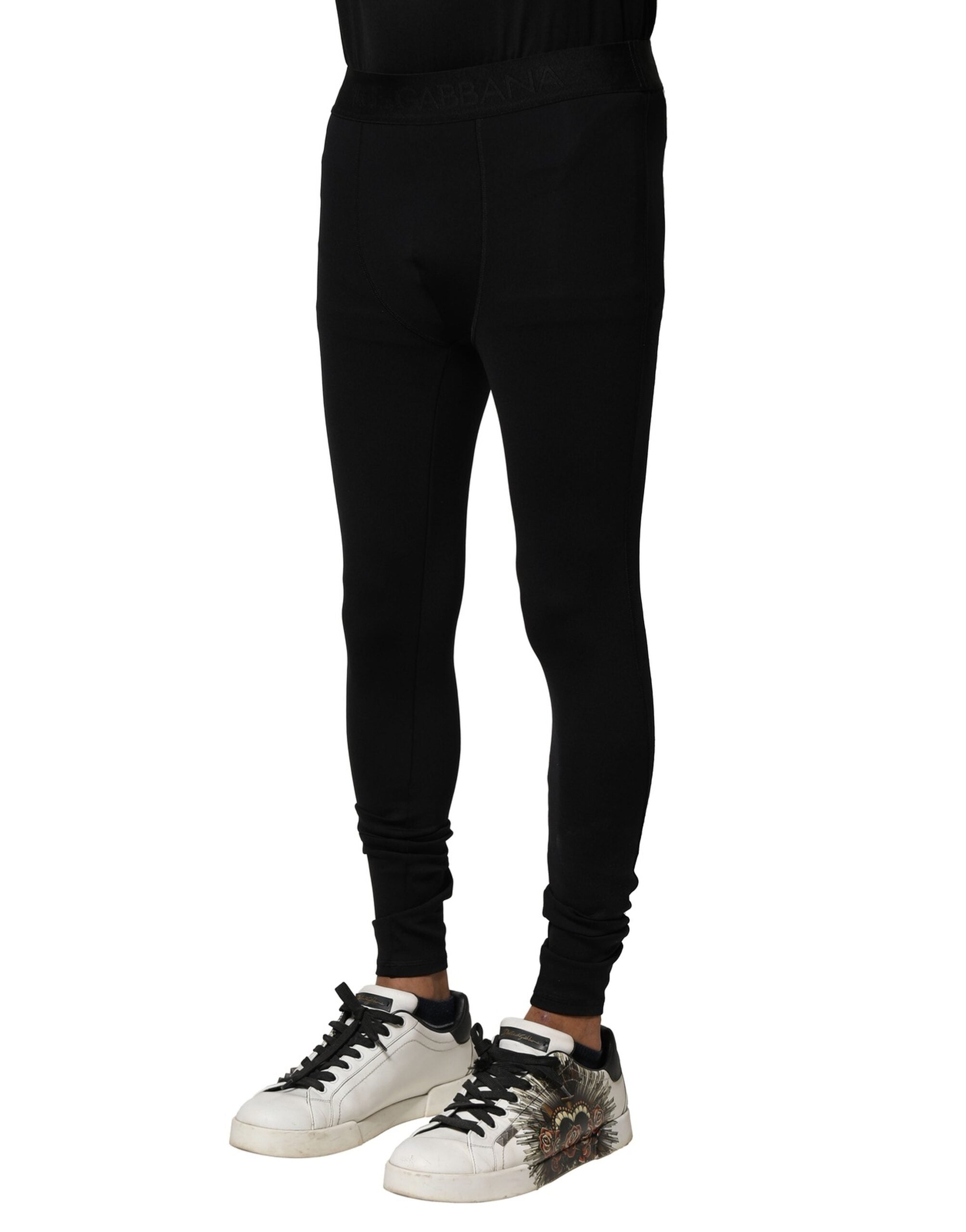 Dolce & Gabbana Schwarze Nylon Elastische Logo Herren Leggings Hose