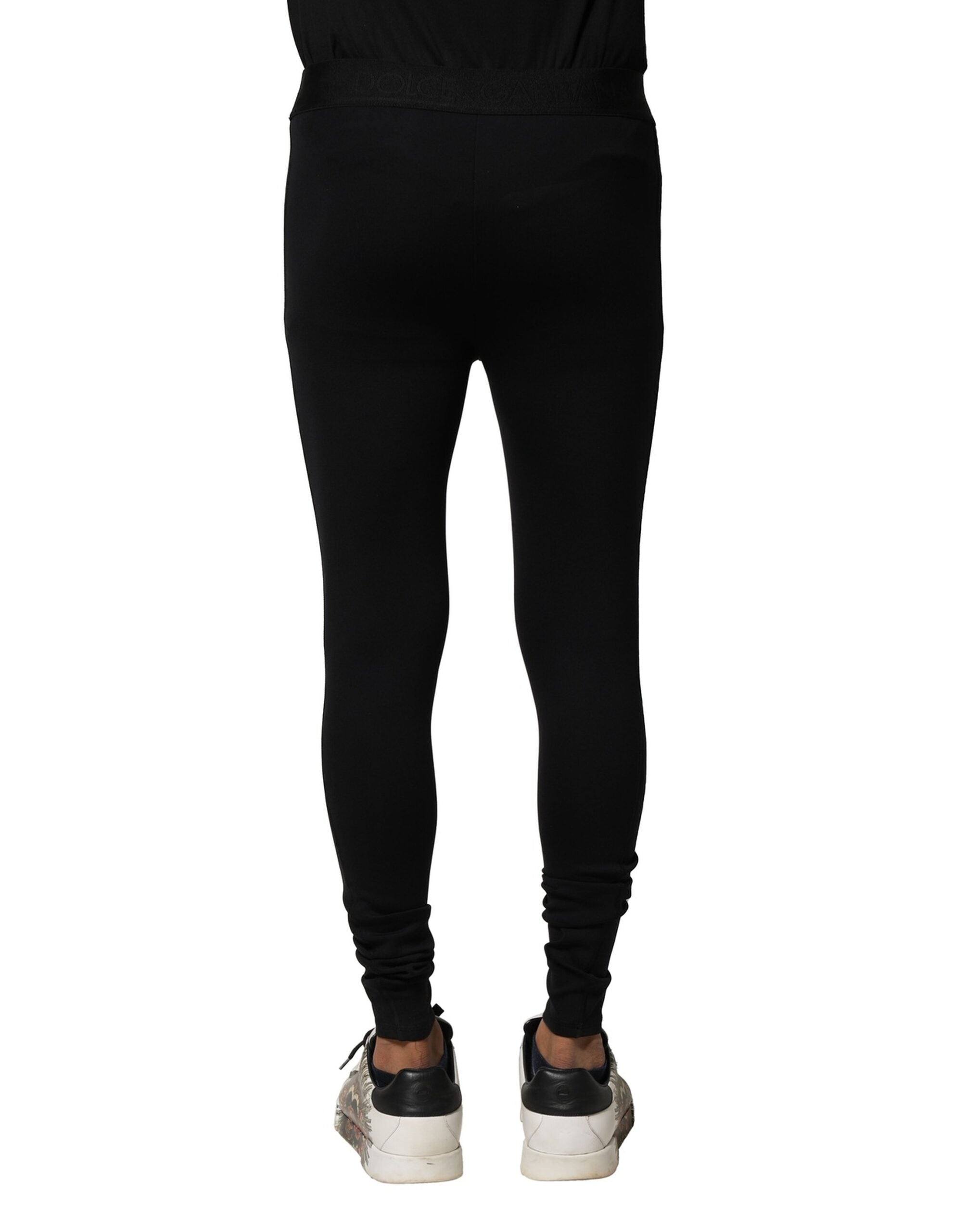 Dolce & Gabbana Schwarze Nylon Elastische Logo Herren Leggings Hose