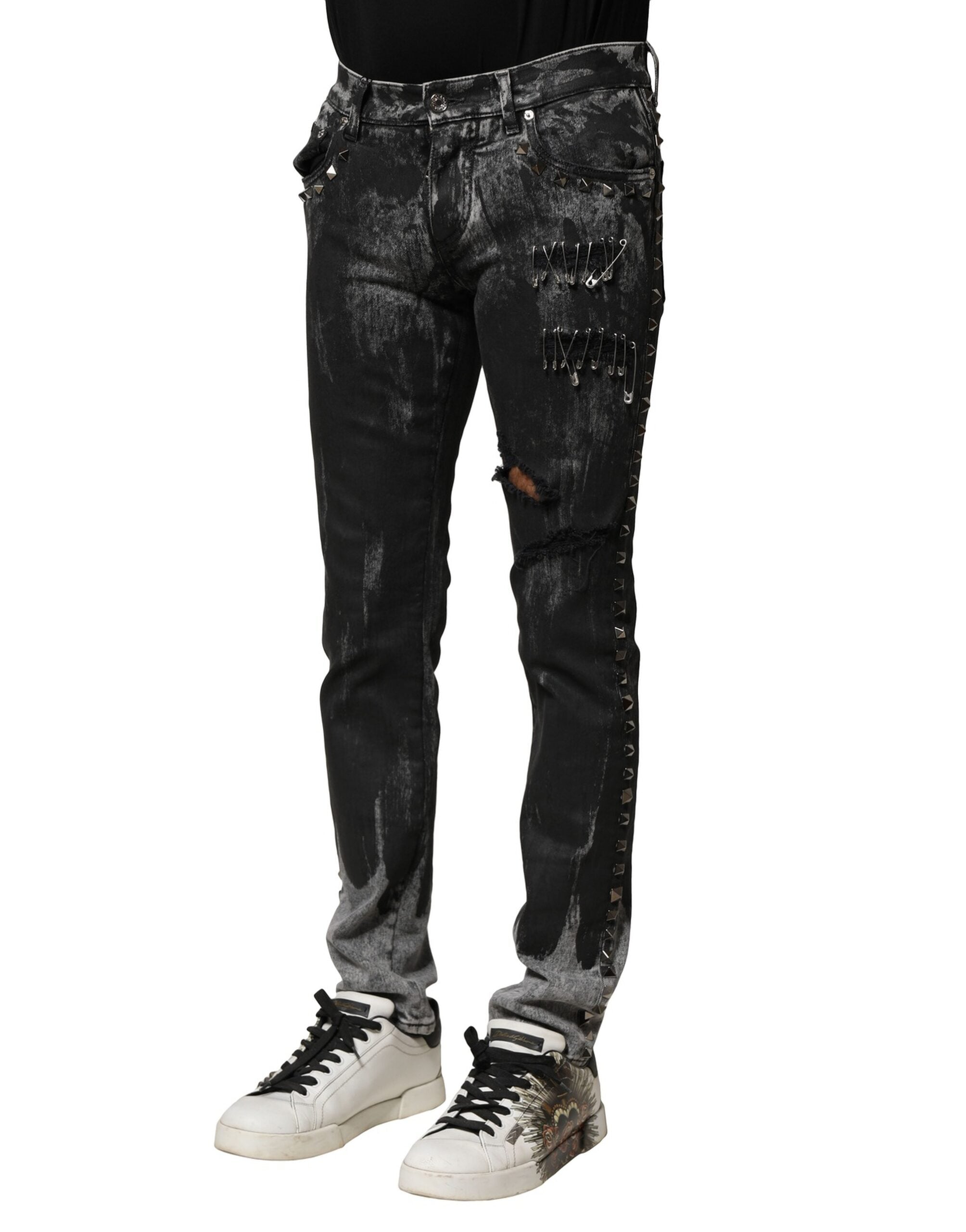 Dolce & Gabbana Schwarze Washed Skinny Jeans mit Verzierungen