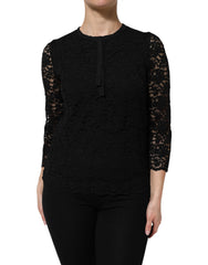 Dolce & Gabbana Zwarte Nylon Kanten Blouse met Lange Mouwen