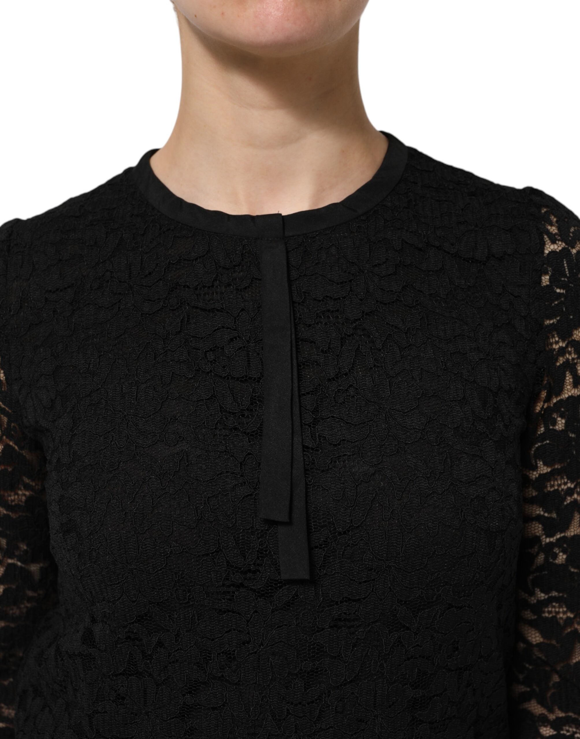 Dolce & Gabbana Zwarte Nylon Kanten Blouse met Lange Mouwen