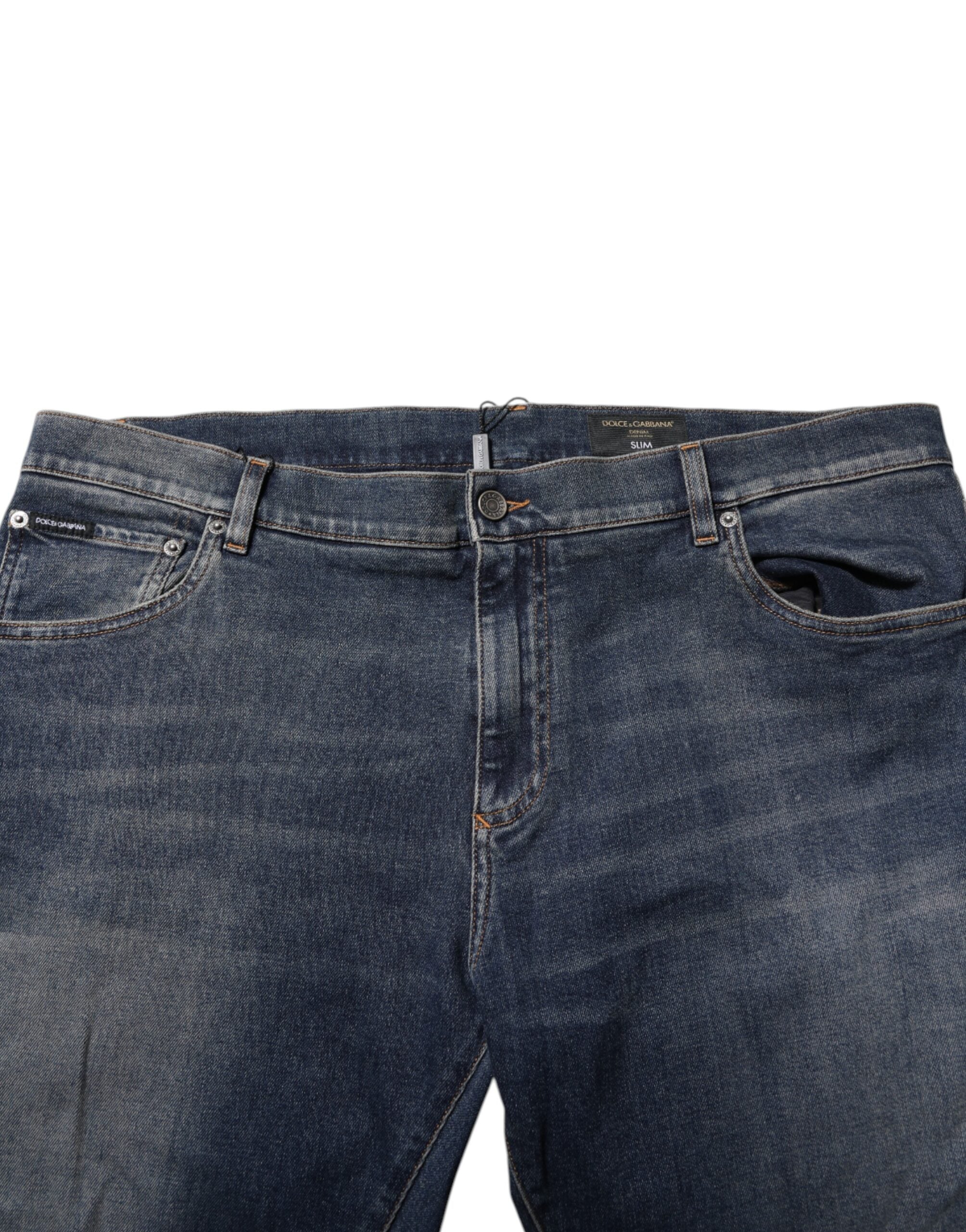 Dolce & Gabbana Blaue Baumwoll-Denim-Jeans mit Logo-Plakette im Slim Fit