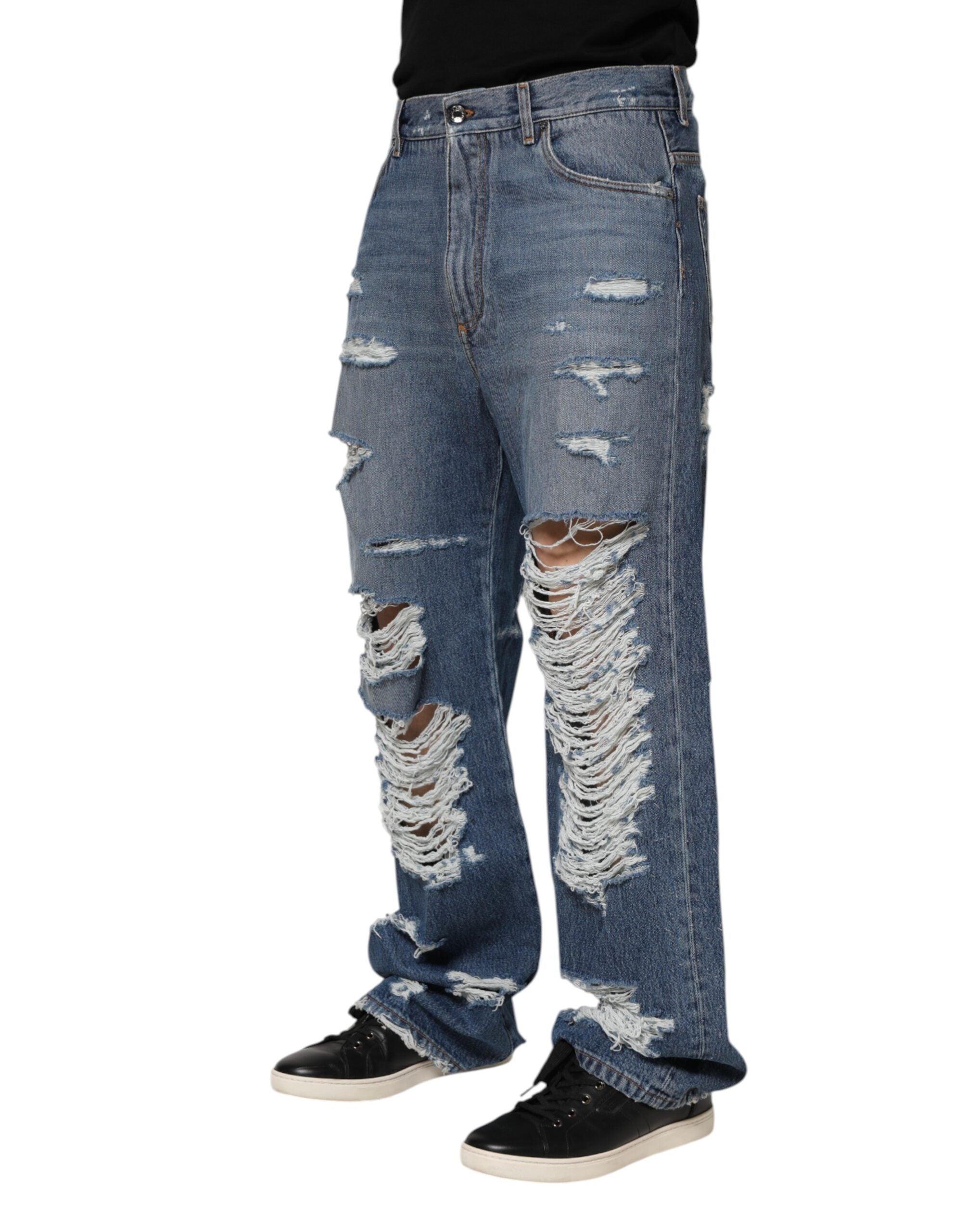 Dolce & Gabbana Blaue zerrissene Jeans aus Baumwolle mit Logo-Plakette