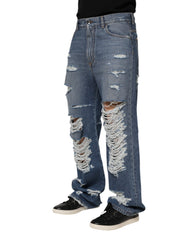 Dolce & Gabbana Blaue zerrissene Jeans aus Baumwolle mit Logo-Plakette