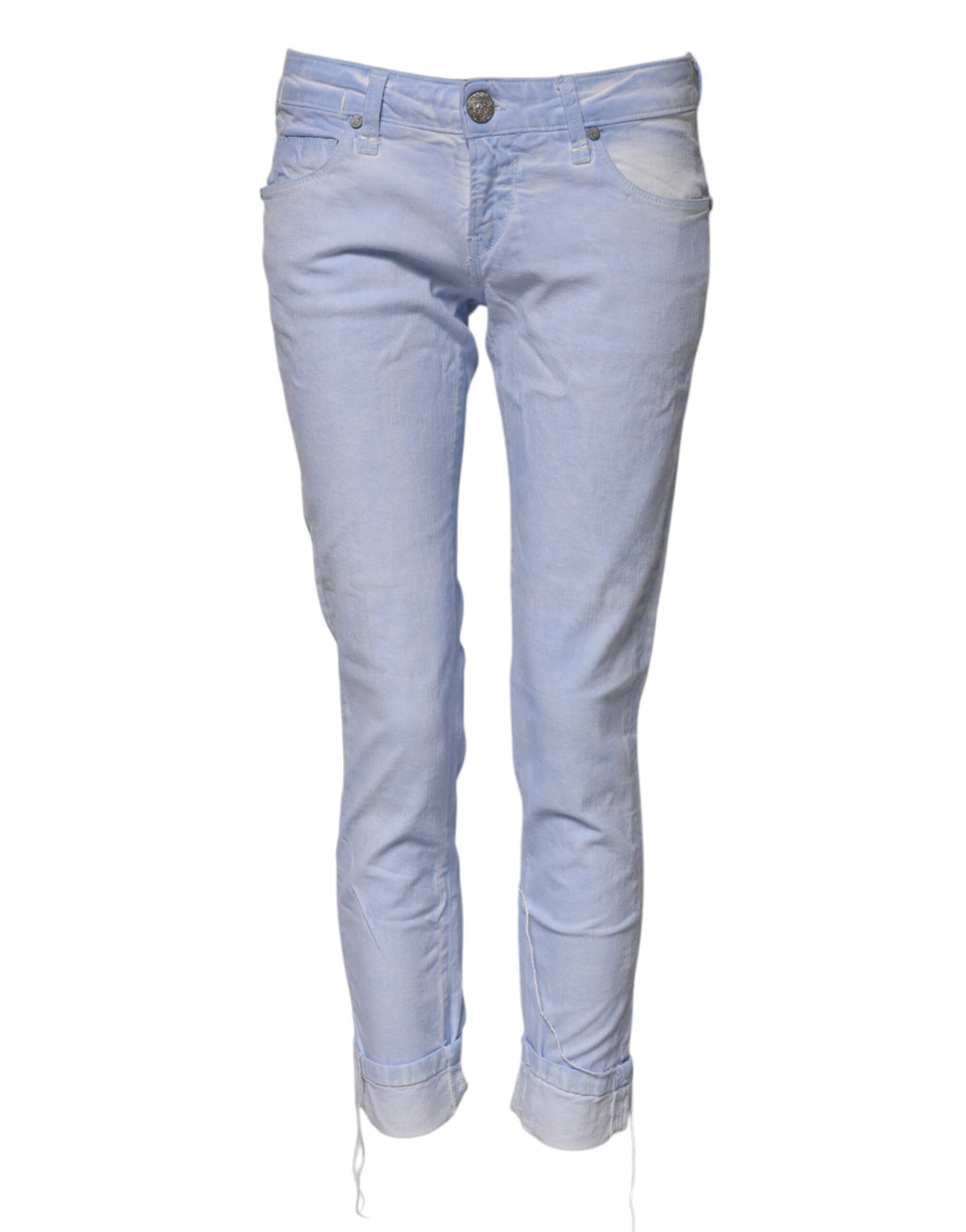 Acht lichtblauwe katoenen slim fit denim lage taille jeans
