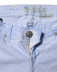 Acht lichtblauwe katoenen slim fit denim lage taille jeans