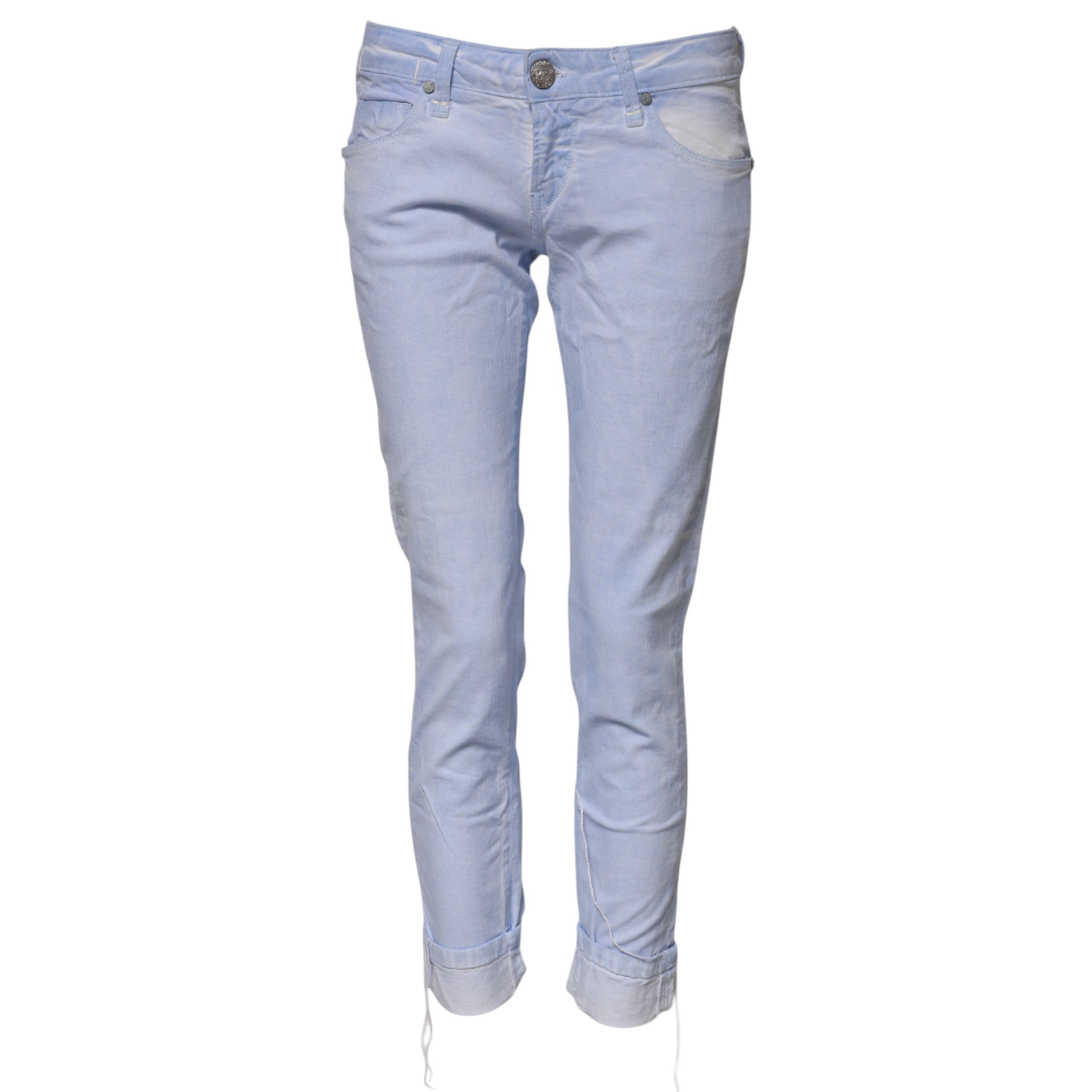 Acht lichtblauwe katoenen slim fit denim lage taille jeans