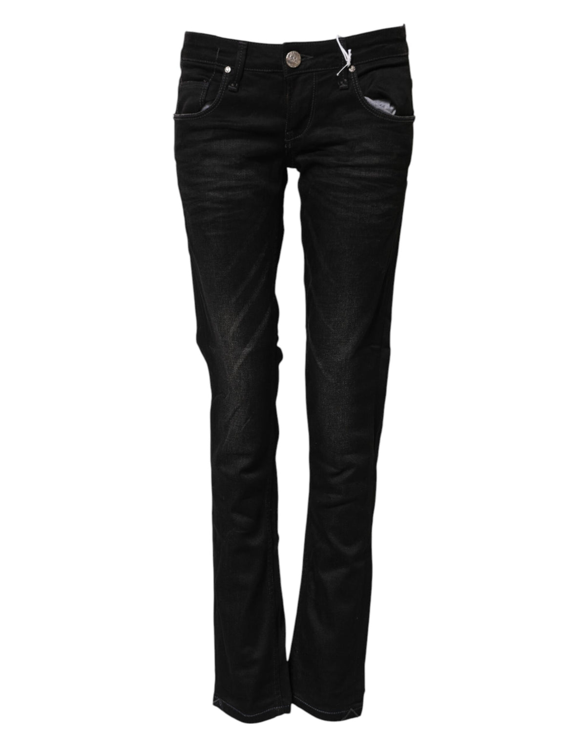 Acht schwarze schmale Jeans aus Baumwolle mit niedriger Leibhöhe