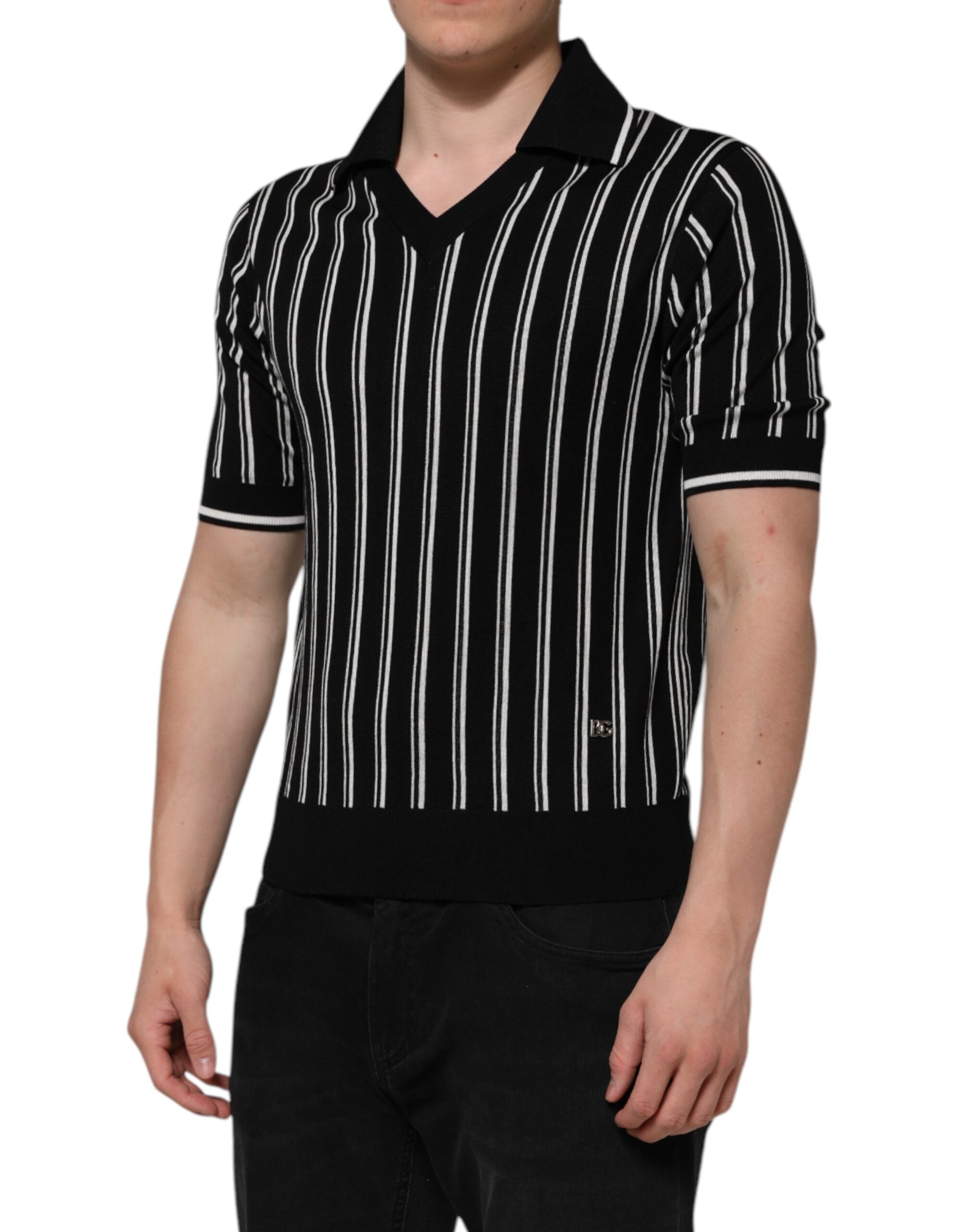 Dolce & Gabbana Zwart Wit Gestreept Polo T-shirt met Kraag