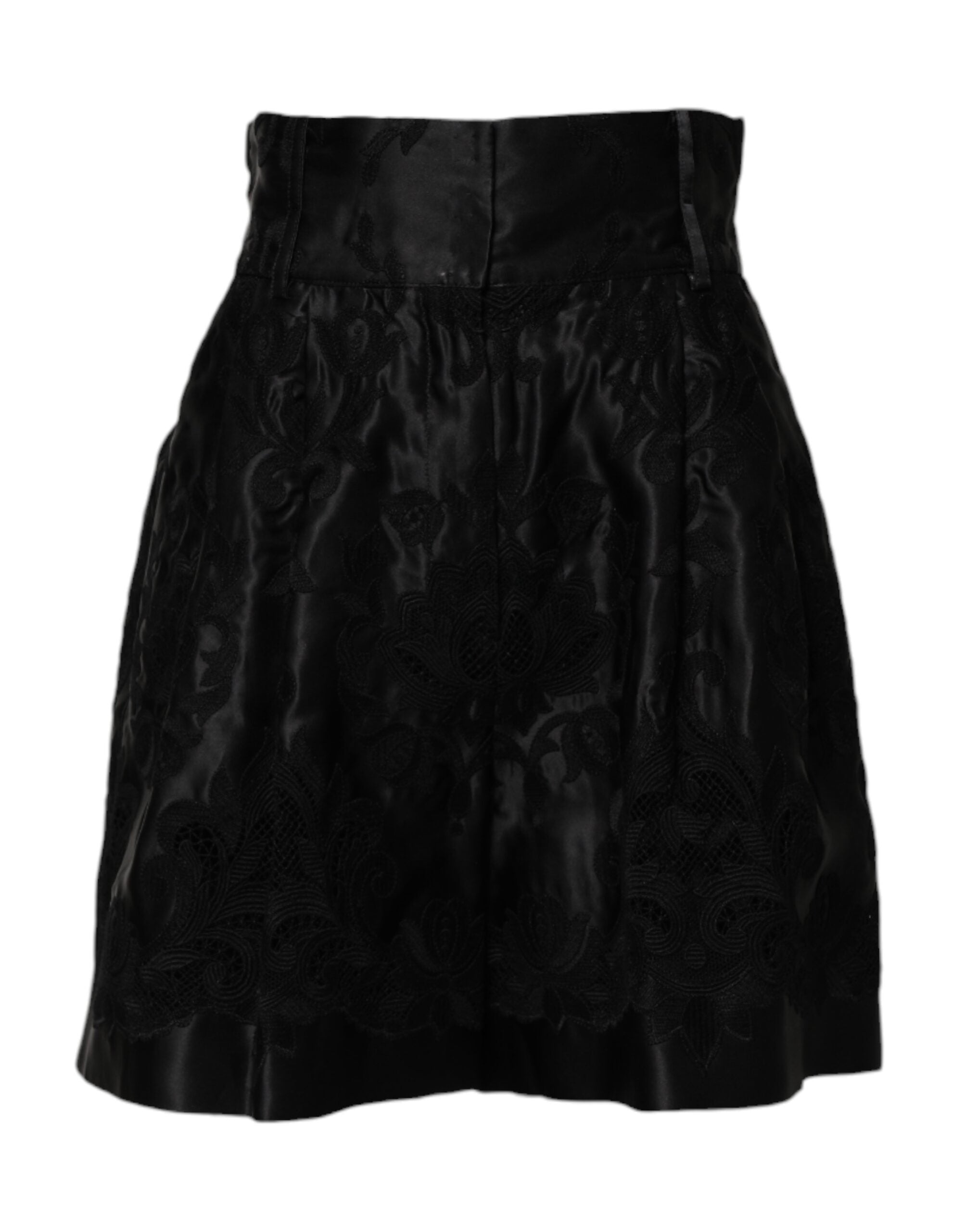 Dolce & Gabbana Schwarze Shorts aus Seide mit hohem Bund und Blumenstickerei