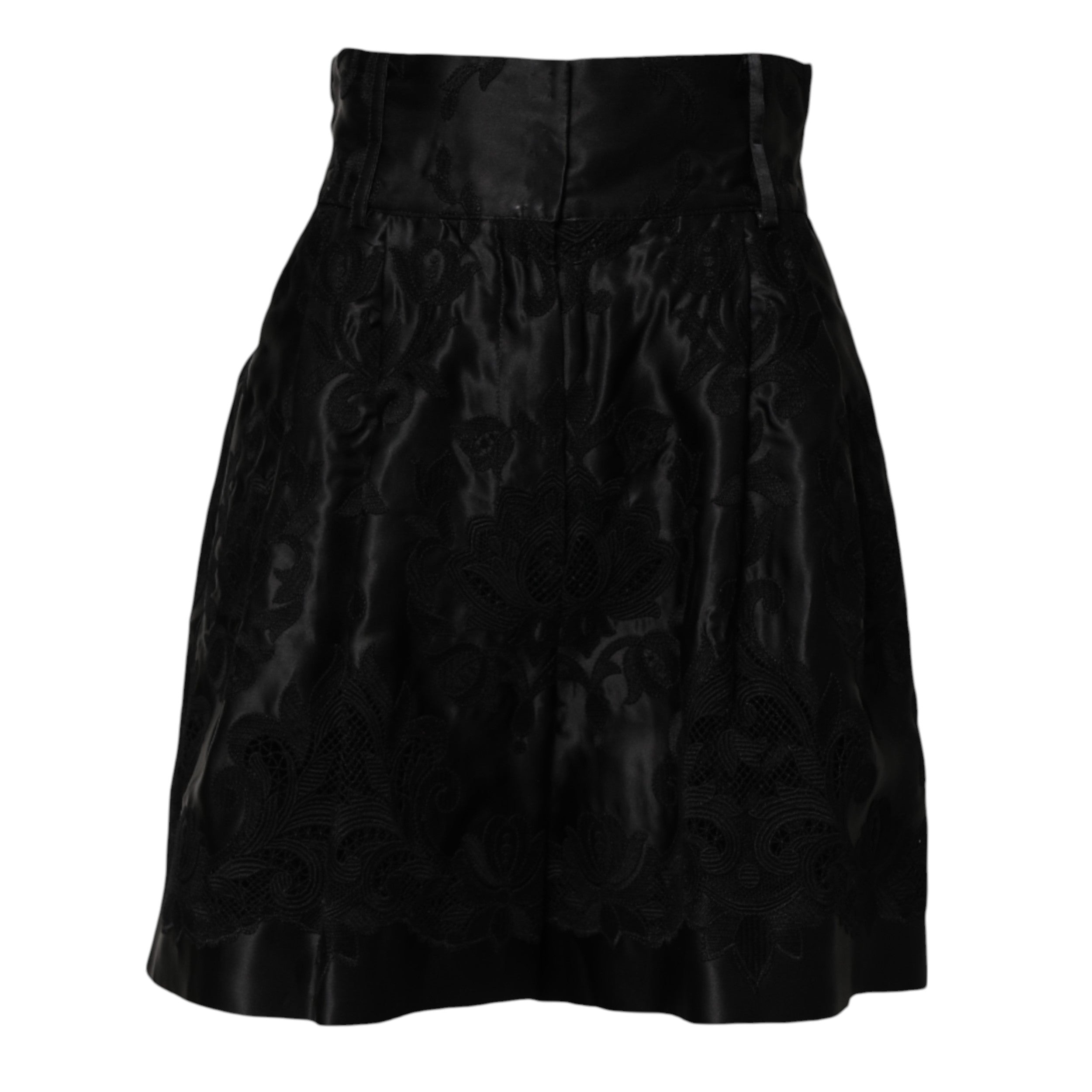 Dolce & Gabbana Schwarze Shorts aus Seide mit hohem Bund und Blumenstickerei