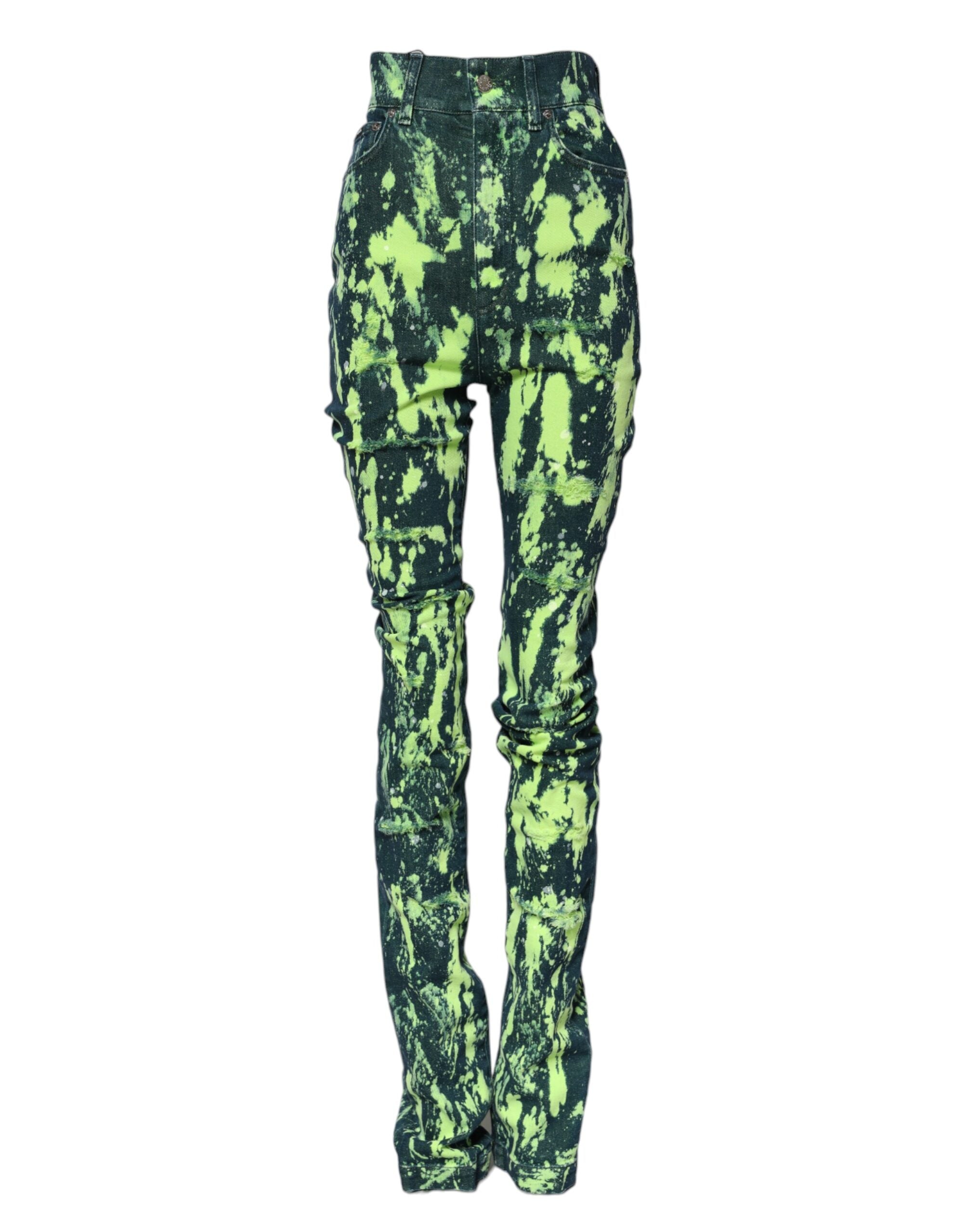 Dolce & Gabbana Grüne High-Waist Jeans mit Farbspritzern