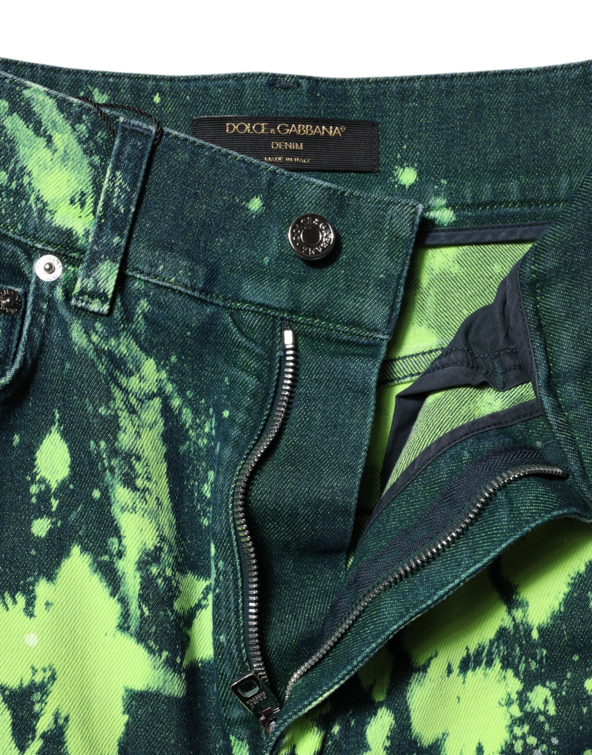 Dolce & Gabbana Grüne High-Waist Jeans mit Farbspritzern