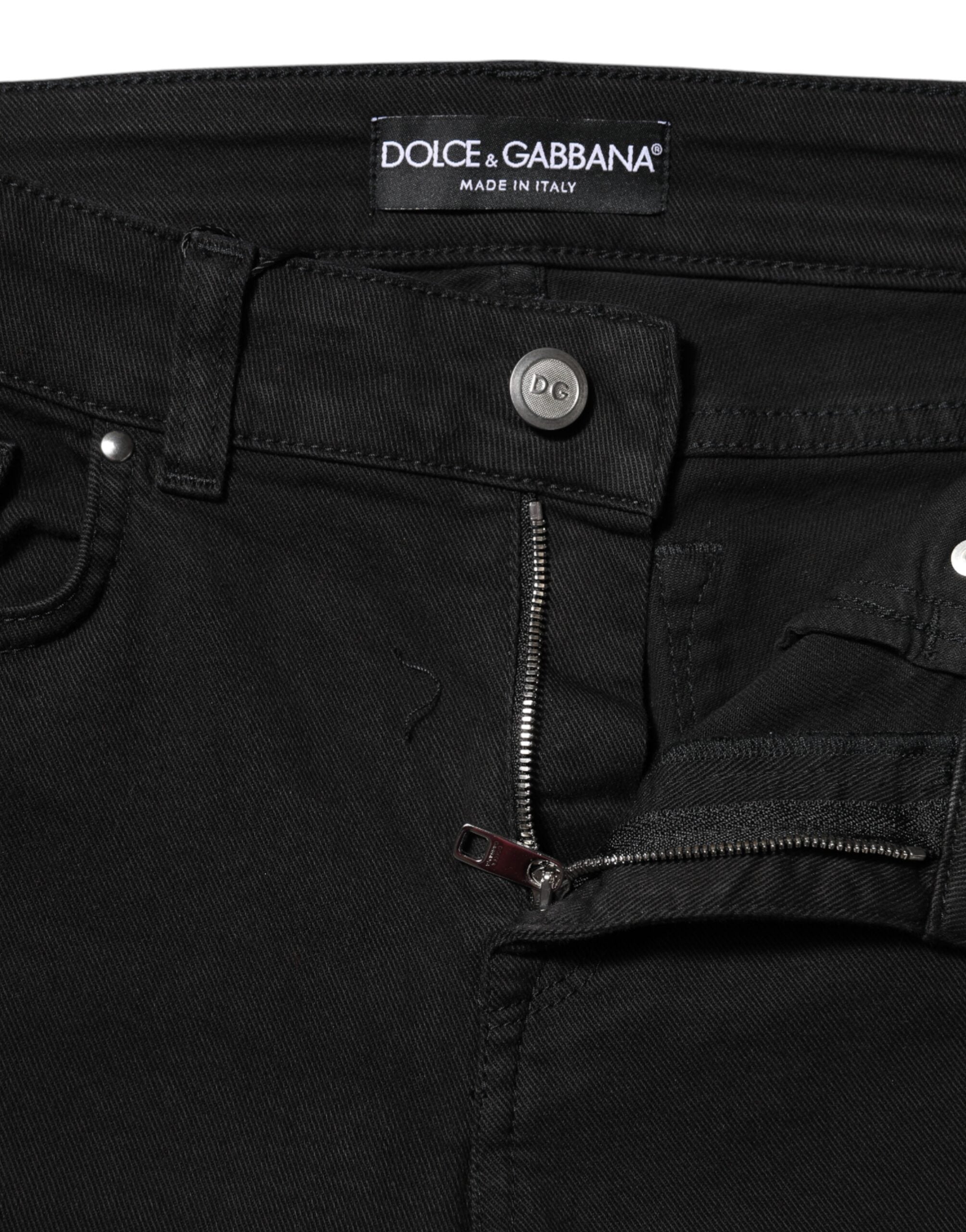 Dolce & Gabbana Schwarze Baumwoll-Logo Skinny Mid-Waist Jeans