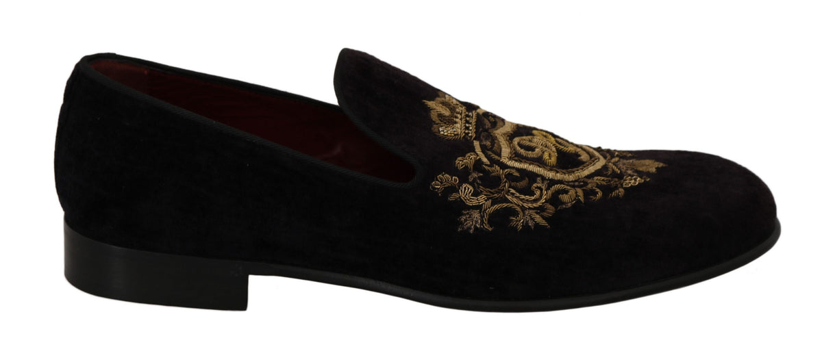 Dolce & Gabbana Loafer Schwarz Samt Goldene Krone