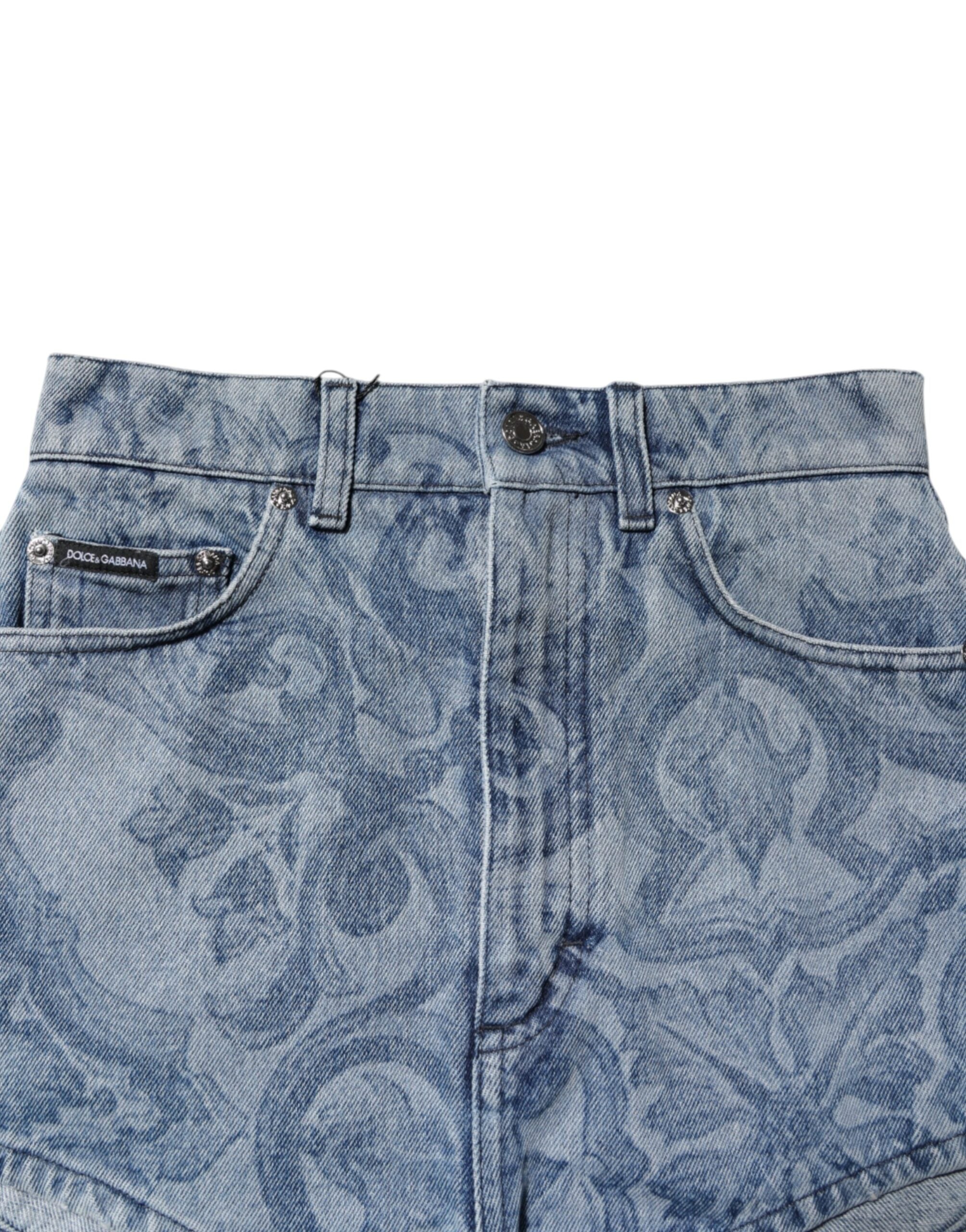 Dolce & Gabbana Blaue Hotpants-Shorts aus Denim-Baumwolle mit Blumenmuster