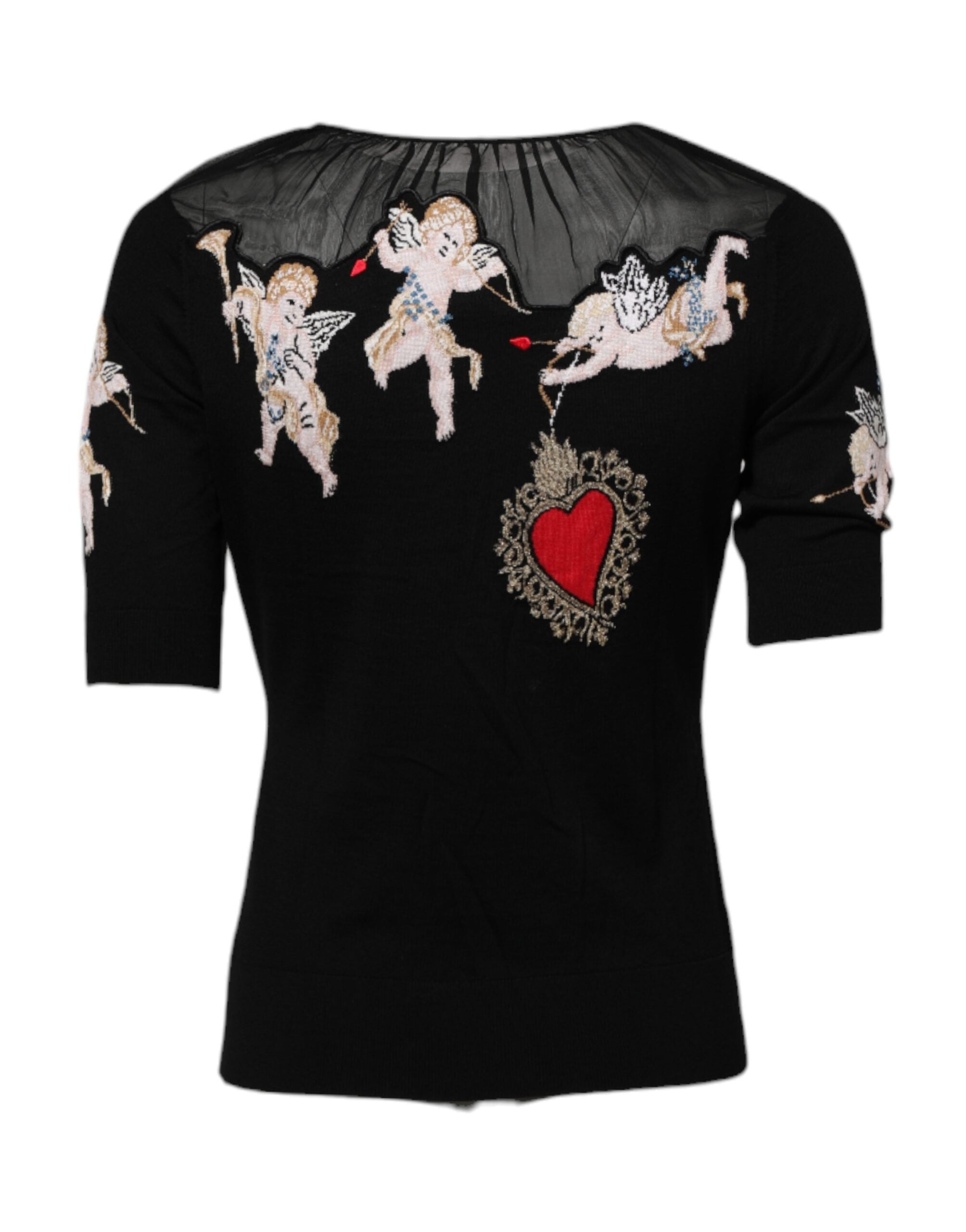 Dolce & Gabbana Schwarzes T-Shirt mit Rundhalsausschnitt und besticktem Heiligem Herzen