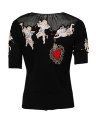 Dolce & Gabbana Schwarzes T-Shirt mit Rundhalsausschnitt und besticktem Heiligem Herzen