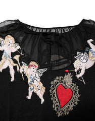 Dolce & Gabbana Schwarzes T-Shirt mit Rundhalsausschnitt und besticktem Heiligem Herzen