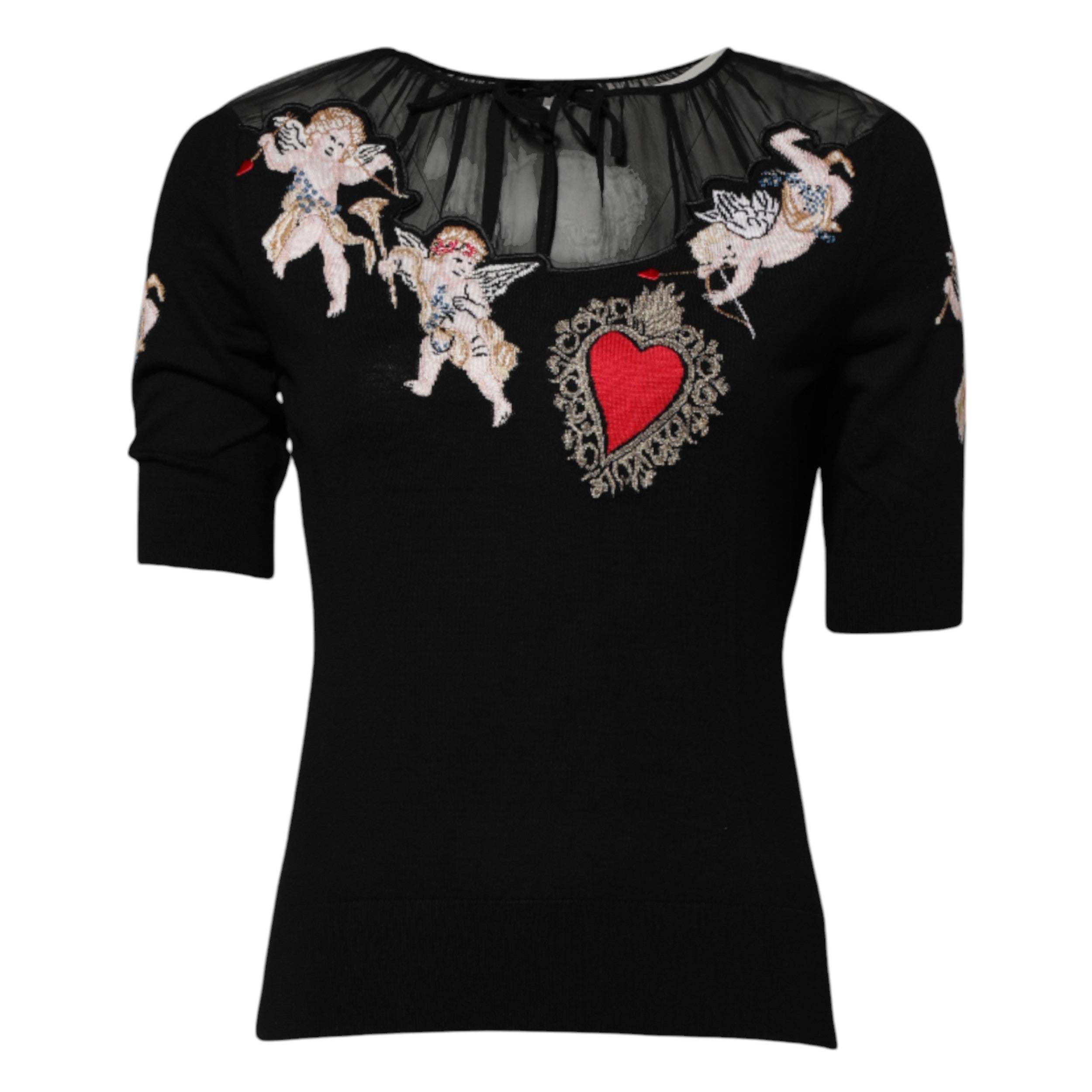 Dolce & Gabbana Schwarzes T-Shirt mit Rundhalsausschnitt und besticktem Heiligem Herzen